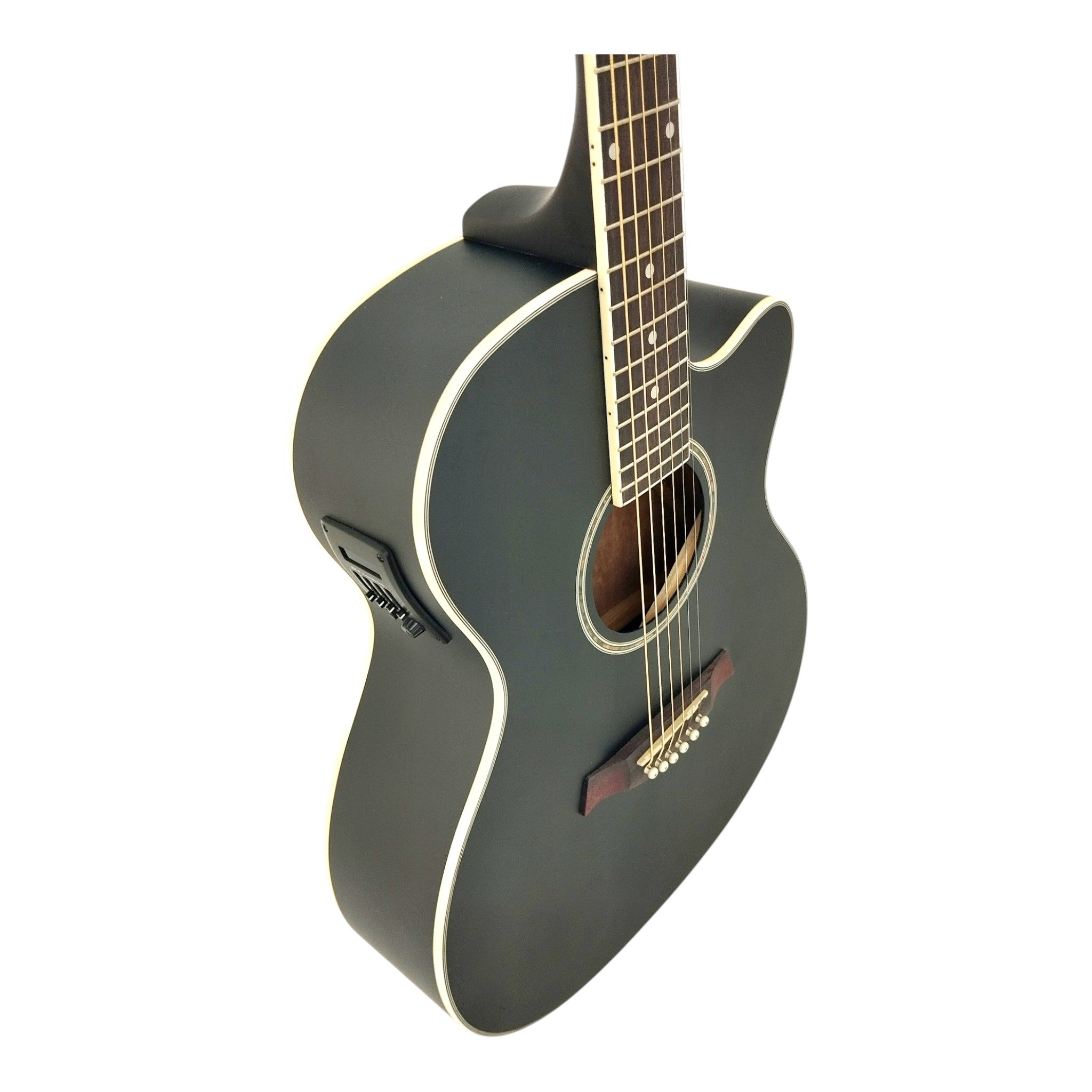 Haze F560CEQMBK Spruce Top Built-In Pickup/Tuner OM Cutaway Acoustic Guitar - Black with Accessories and 10W Amp. (Optional)