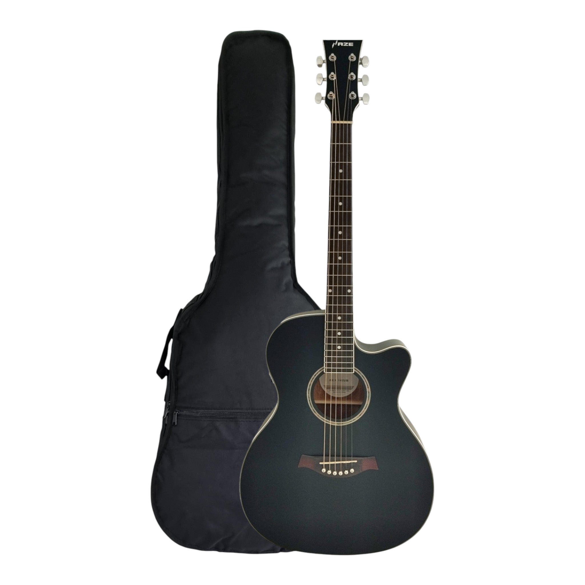 Haze F560CEQMBK Spruce Top Built-In Pickup/Tuner OM Cutaway Acoustic Guitar - Black with Accessories and 10W Amp. (Optional)