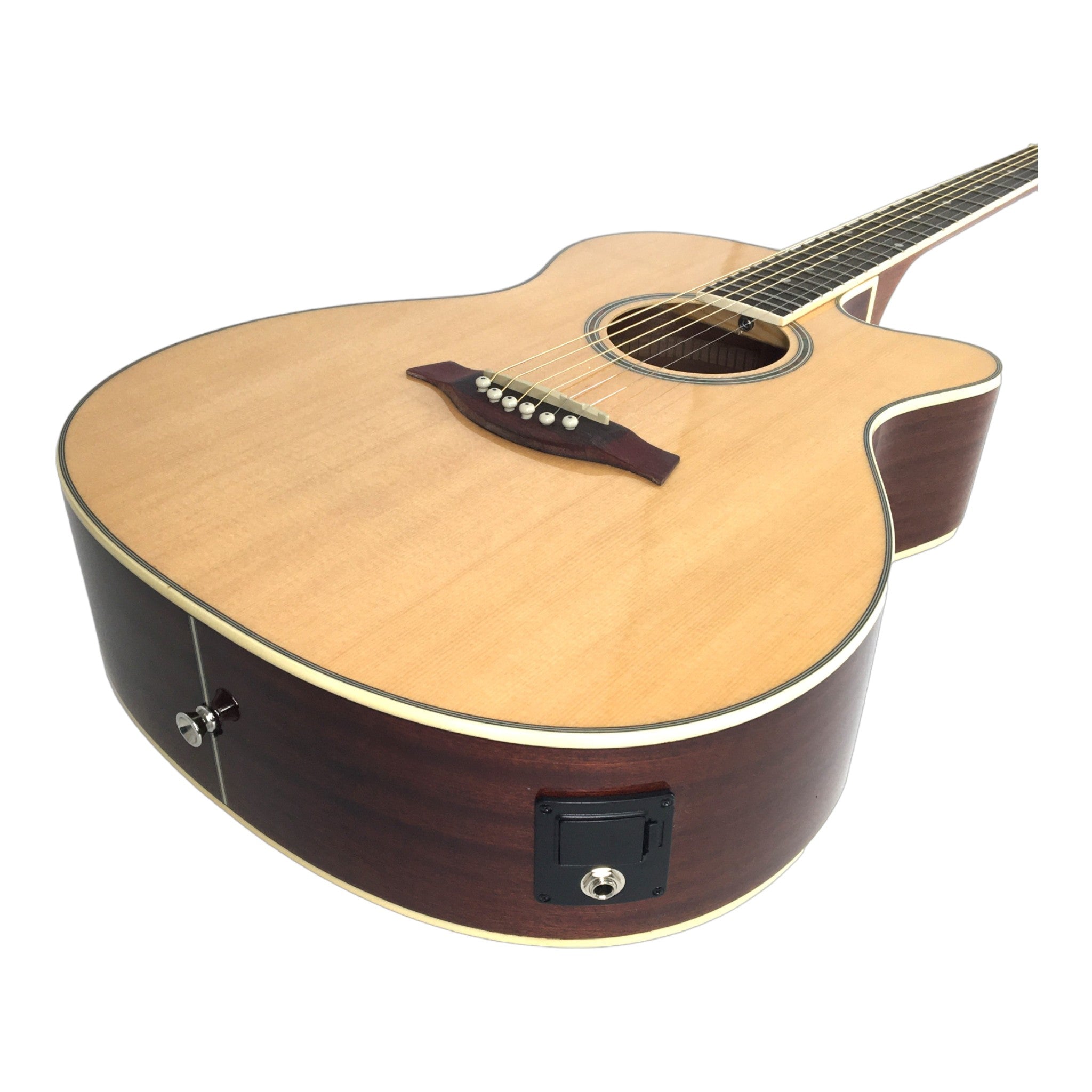 Haze F560CEQN Spruce Top Built-In Pickup/Tuner OM Cutaway Acoustic Guitar - Natural with Accessories and 10W Amp. (Optional)