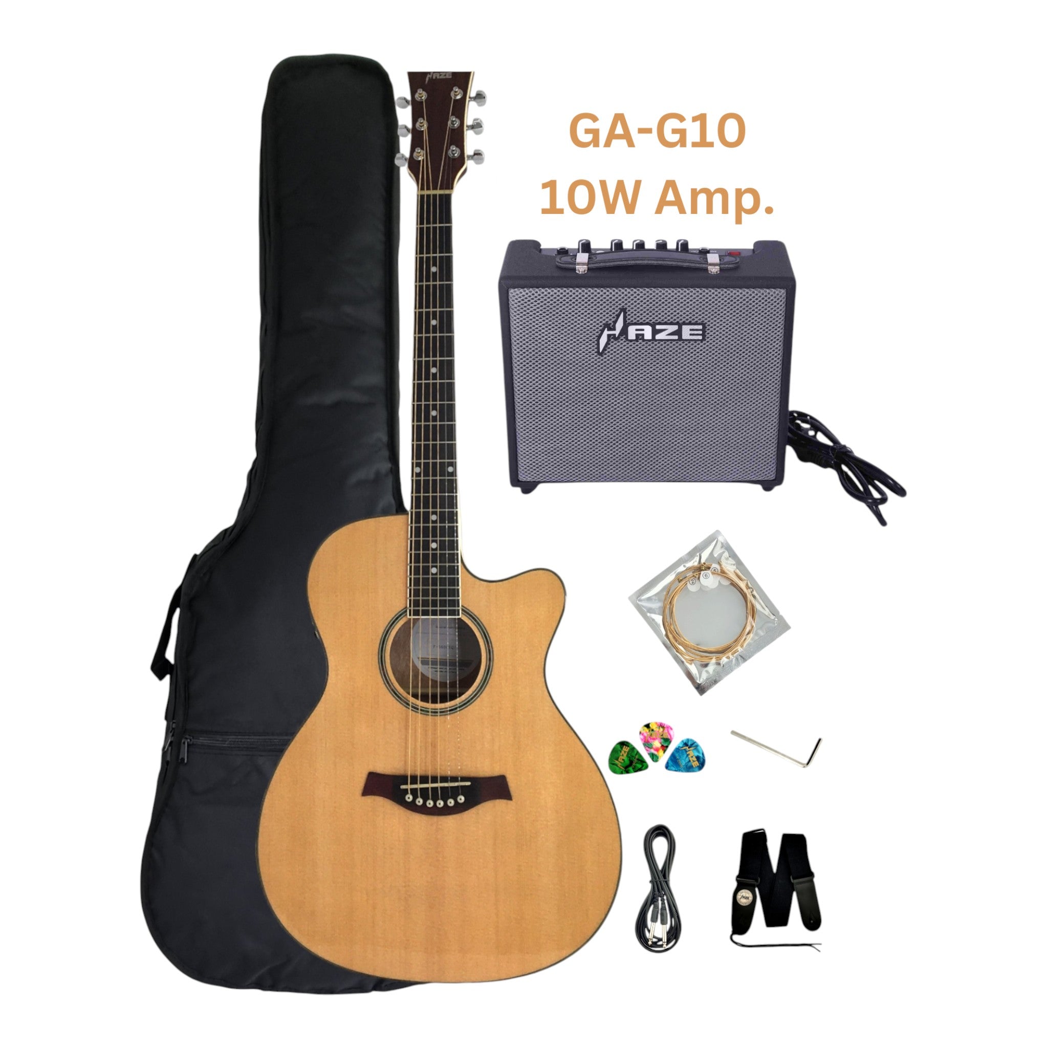 Haze F560CEQN Spruce Top Built-In Pickup/Tuner OM Cutaway Acoustic Guitar - Natural with Accessories and 10W Amp. (Optional)