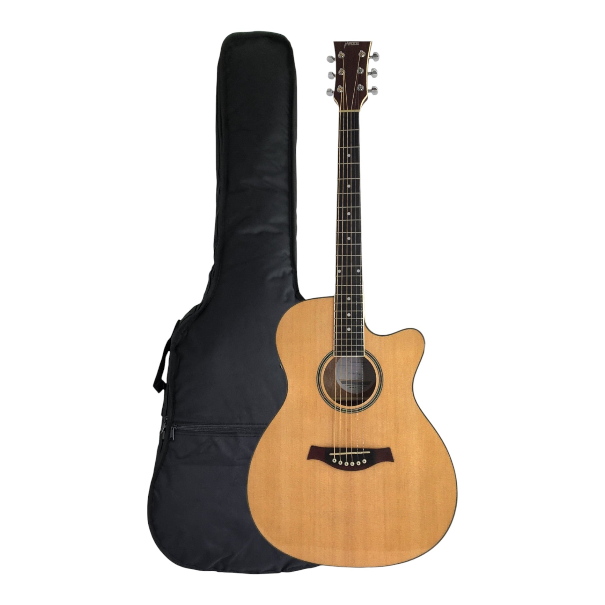 Haze F560CEQN Spruce Top Built-In Pickup/Tuner OM Cutaway Acoustic Guitar - Natural with Accessories and 10W Amp. (Optional)