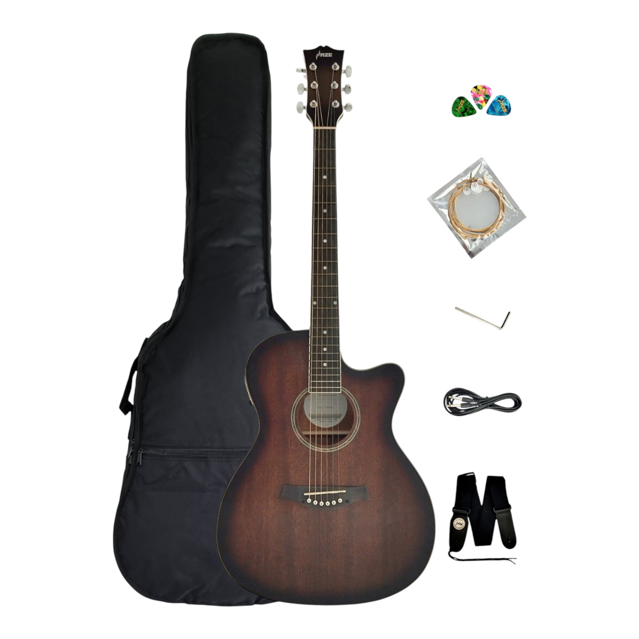 Haze F561TBCEQ Mahogany Top Built-In Pickup/Tuner OM Cutaway Acoustic Guitar - Natural with Accessories and 10W Amp. (Optional)
