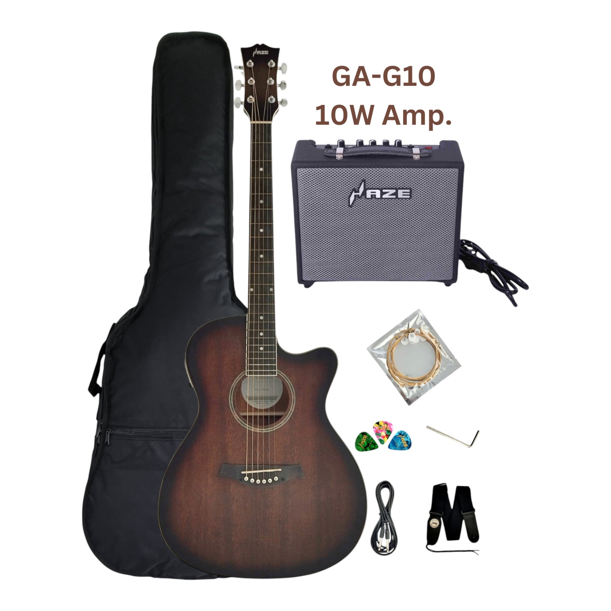 Haze F561TBCEQ Mahogany Top Built-In Pickup/Tuner OM Cutaway Acoustic Guitar - Natural with Accessories and 10W Amp. (Optional)