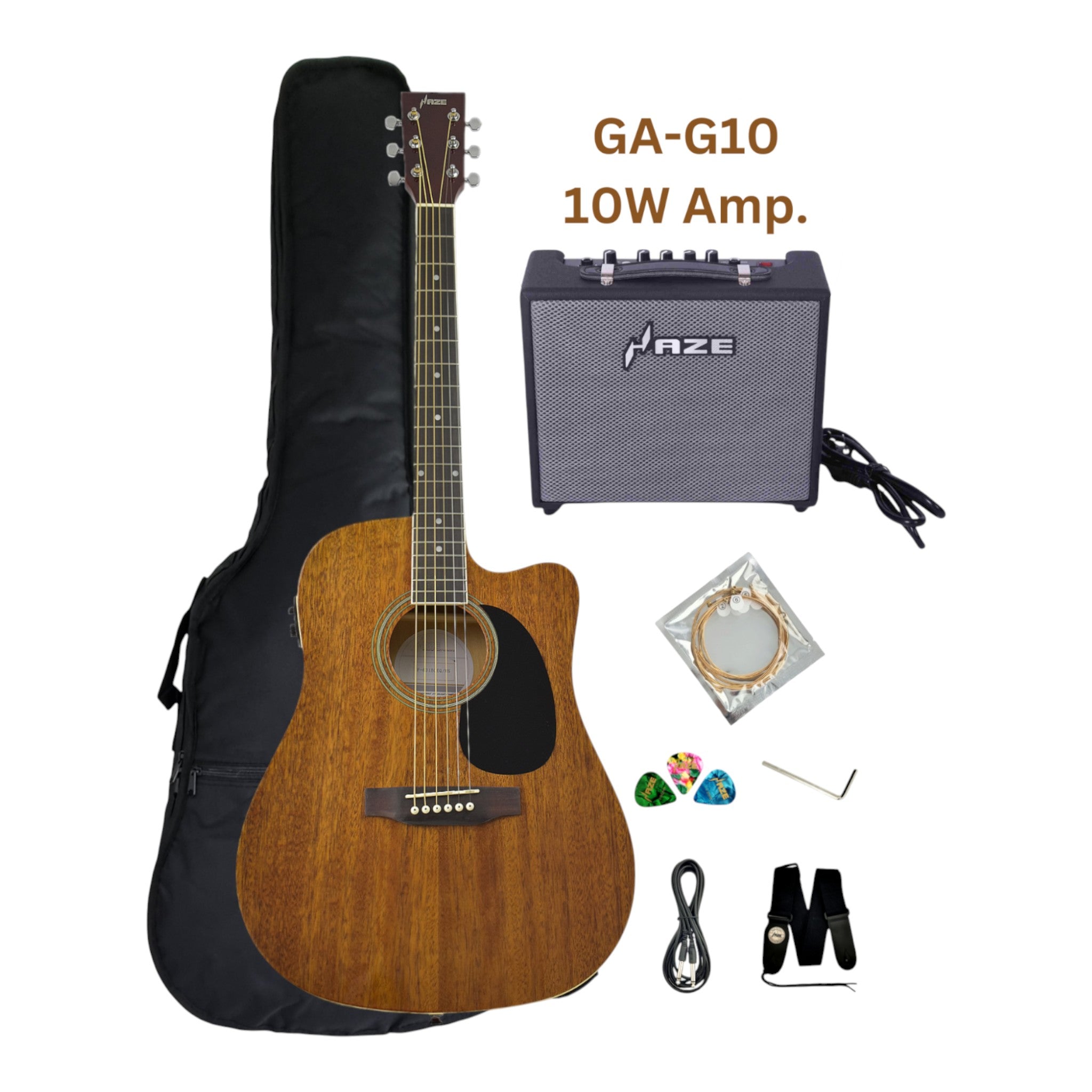 Haze F631BCEQMS Thin-Body Built-In Pickups/Tuner Acoustic Guitar - Natural with Accessories and 10W Amp. (Optional)