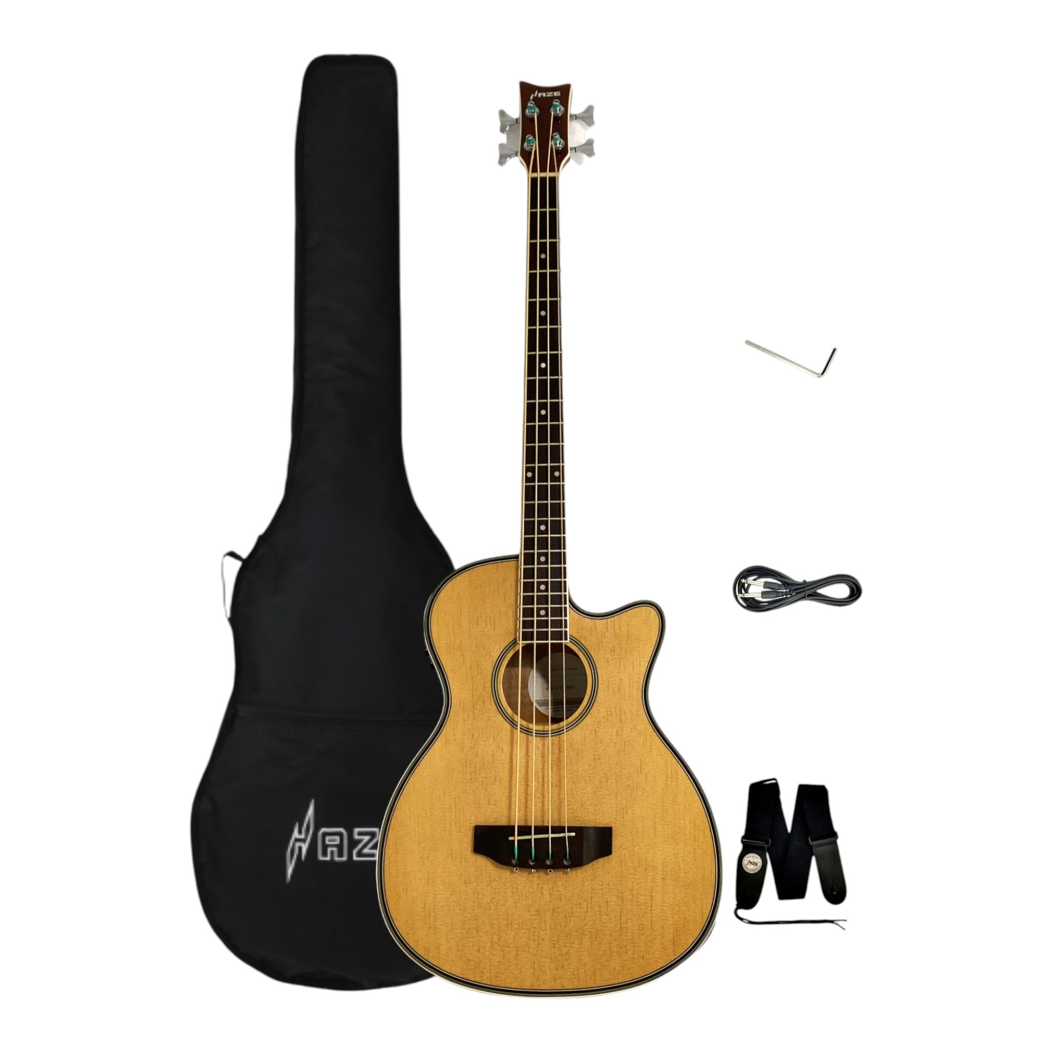 Haze FB711BCEQN34 3/4 4-String Electric-Acoustic Bass Guitar Natural + Free Gig Bag