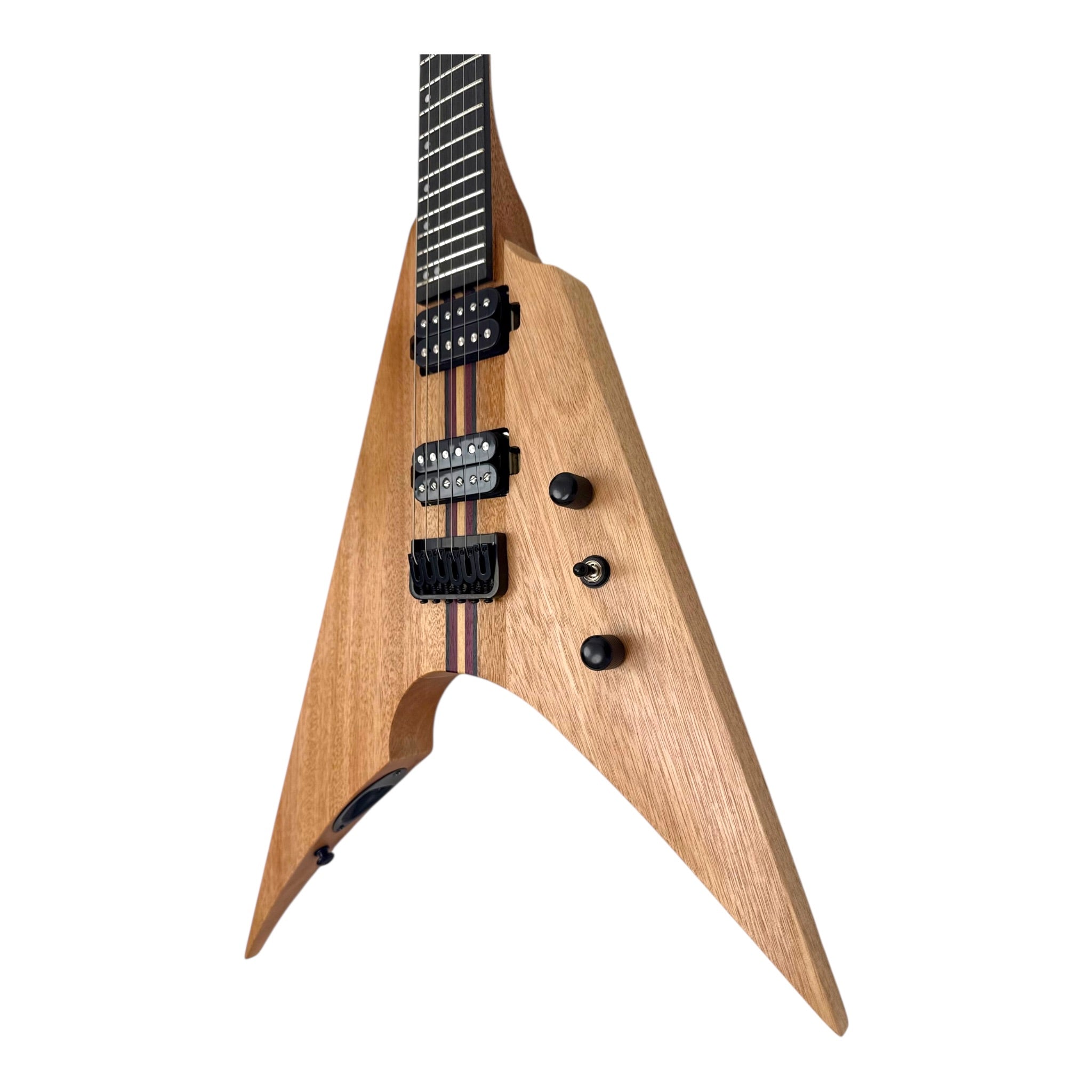 Haze FV6MS Woodgrain "Foxglove" Okoume V-Shaped Electric Guitar w/ Belcat Coil Pickups