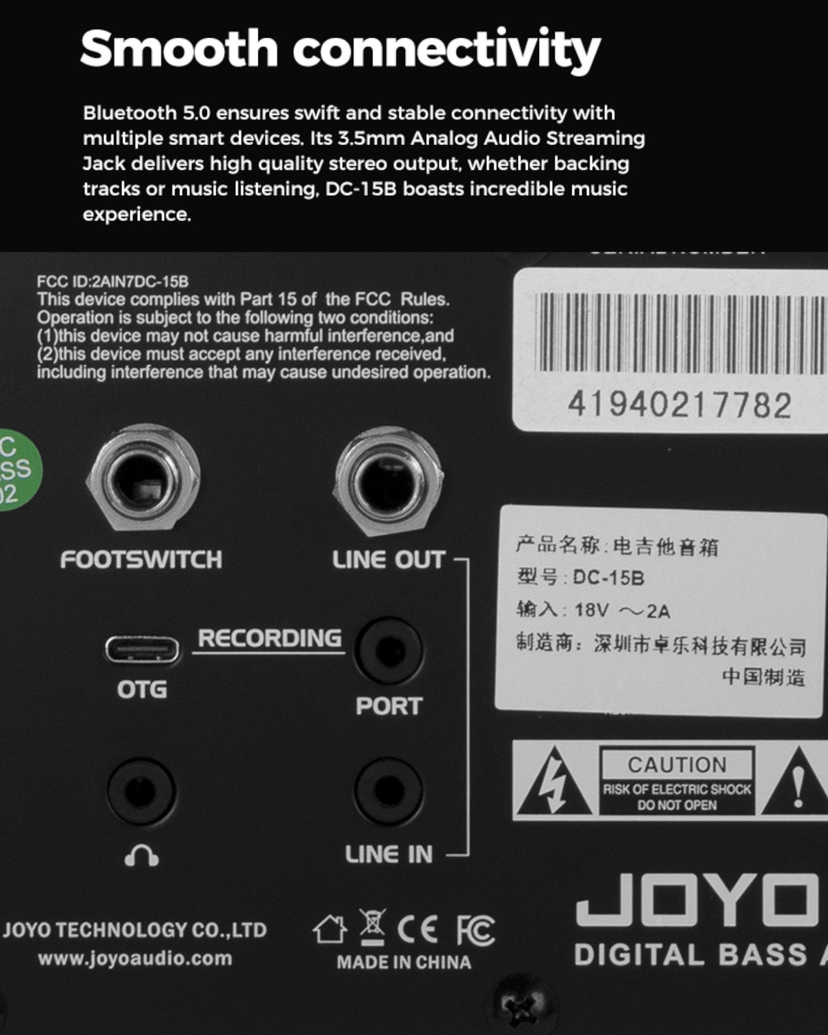 Haze Guitar Australia Joyo DC15B bass amp rear panel showing connectivity ports including footswitch and line out