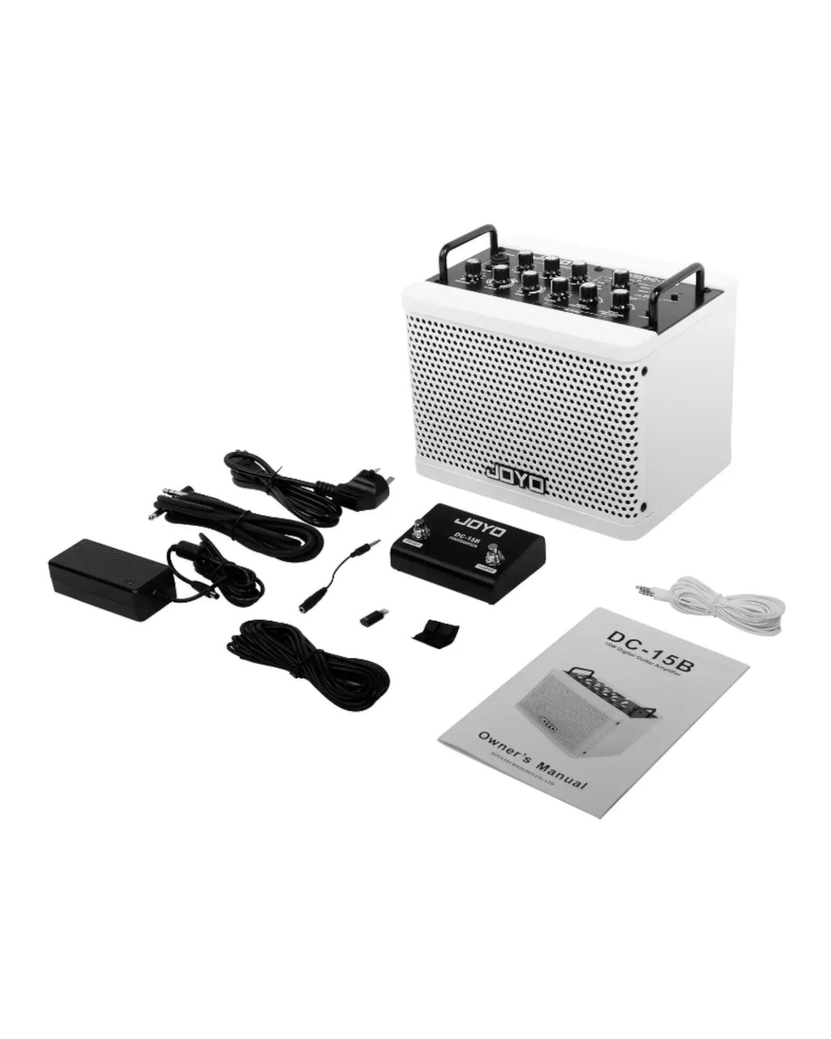 Haze Guitar Australia Joyo DC15B portable bass amp with footswitch, power cables, and manual on white background