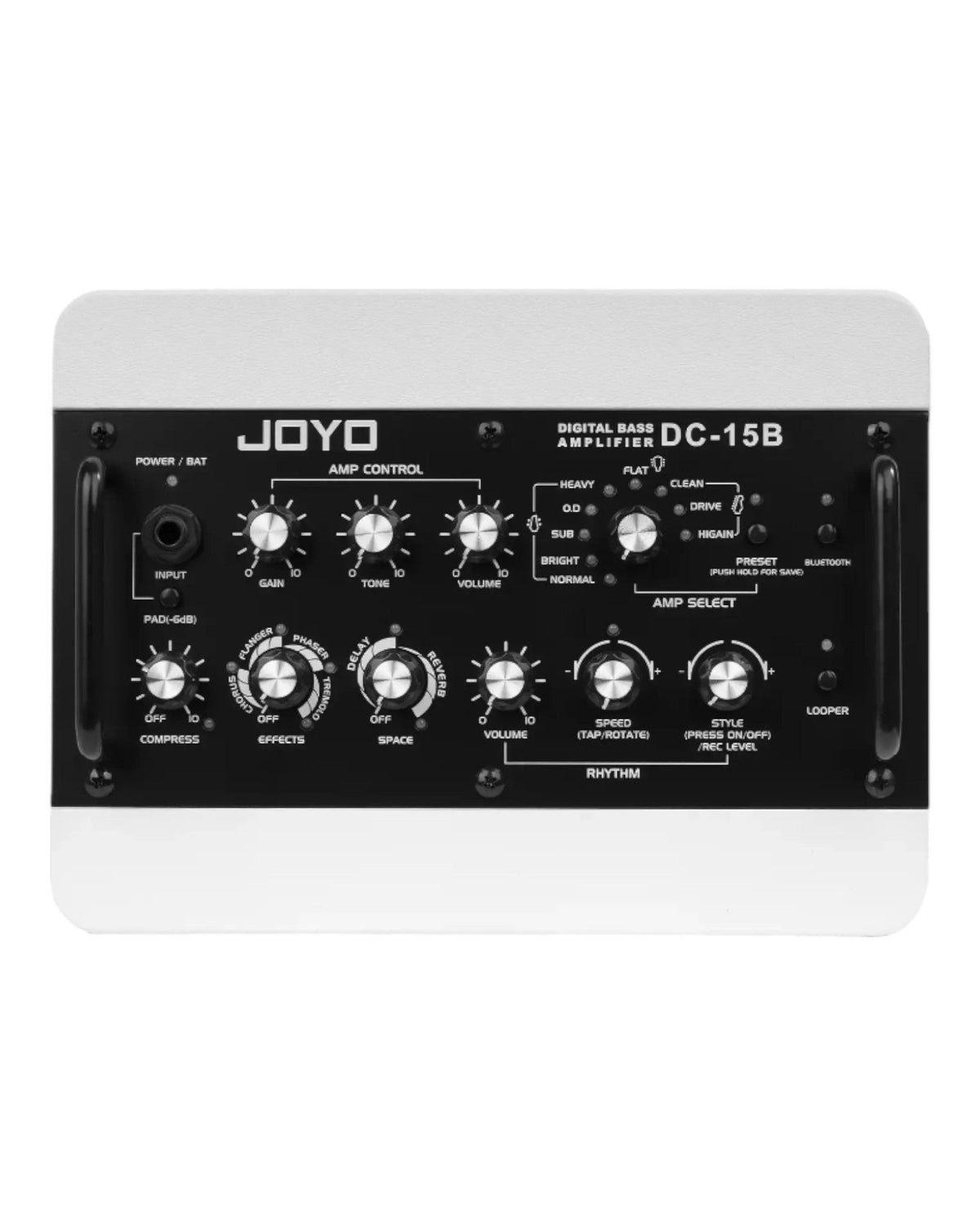 Haze Guitar Australia Joyo DC15B digital bass amplifier control panel with knobs for effects and rhythm settings.