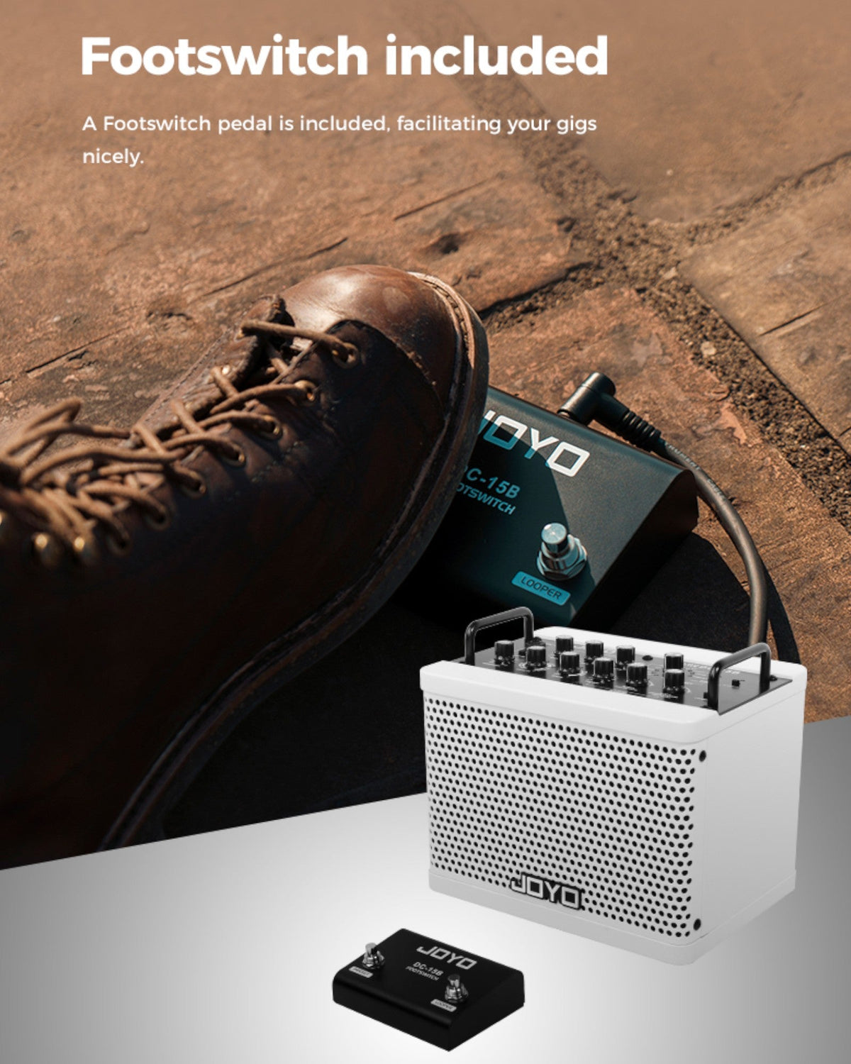 Haze Guitar Australia Joyo DC15B portable bass amp with white speaker cabinet and included footswitch pedal