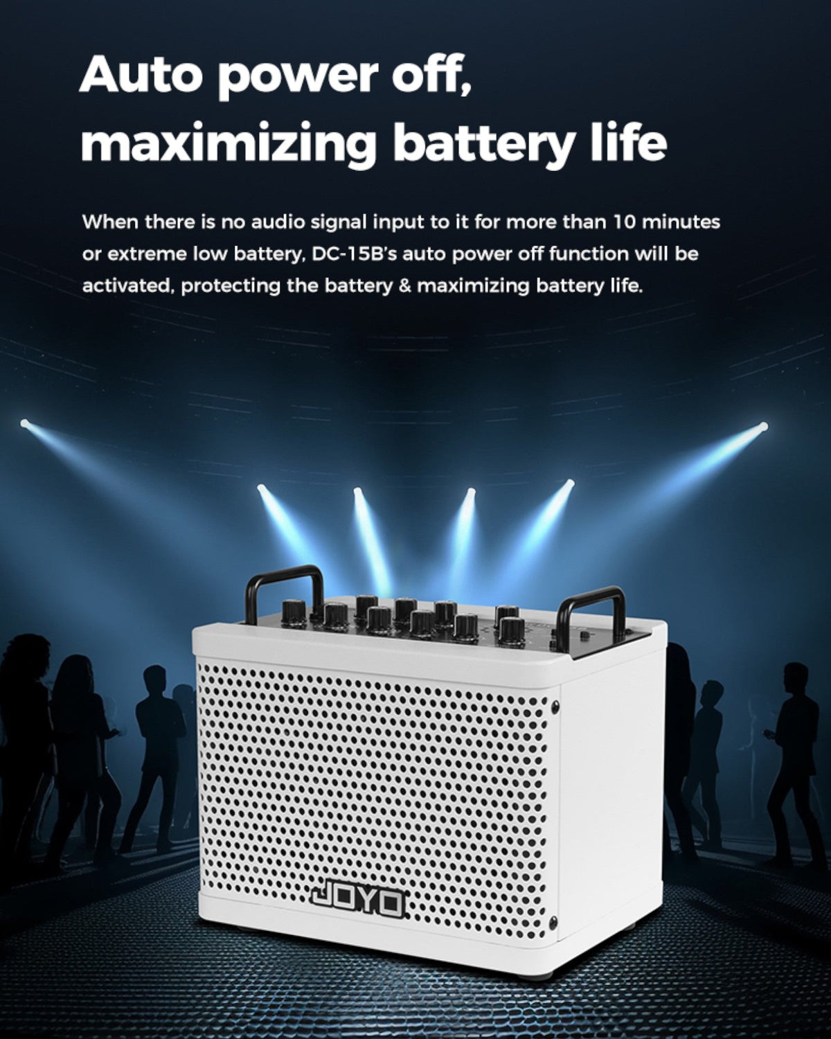 Haze Guitar Australia Joyo DC15B portable white bass guitar amplifier with control knobs and stage lighting background
