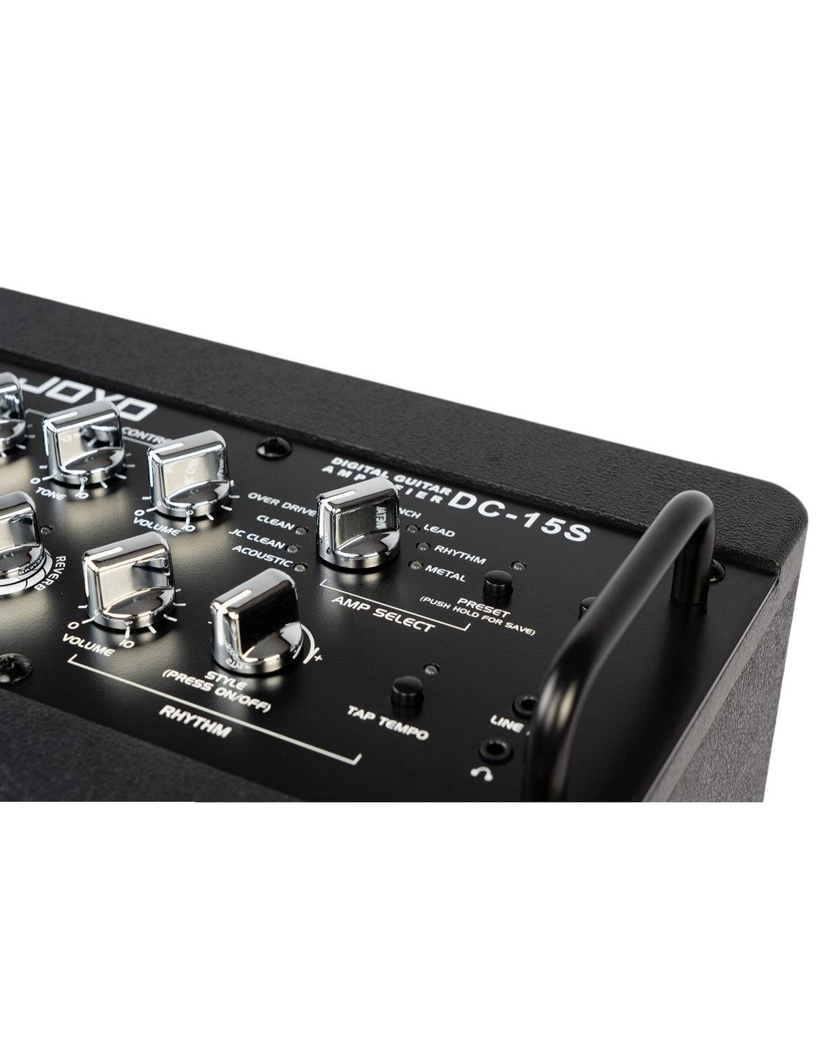 Haze Guitar Australia Joyo DC15S portable digital guitar amplifier control panel with chrome knobs and amp settings
