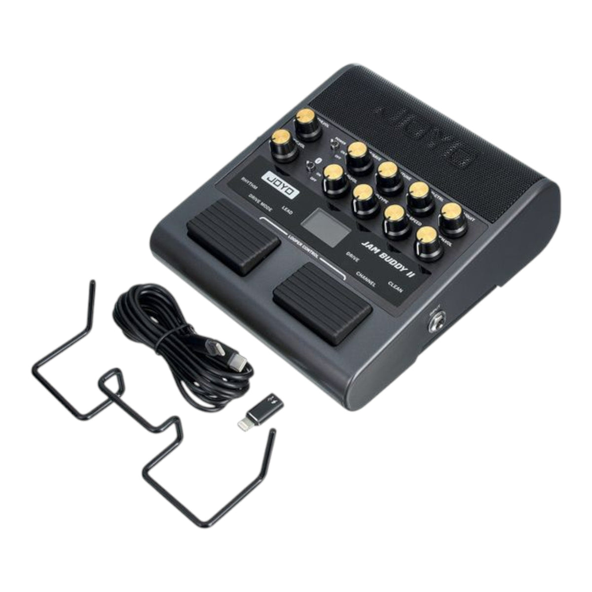 Haze Guitar Australia Joyo JAM BUDDY II portable black guitar amplifier with footswitches, USB-C cable, and phone stand