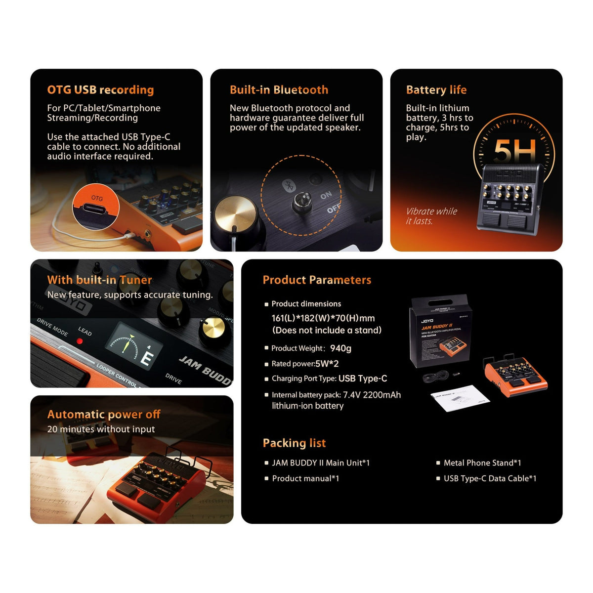 Haze Guitar Australia Joyo JAM BUDDY II portable guitar amp features, including OTG recording, Bluetooth, and tuner.