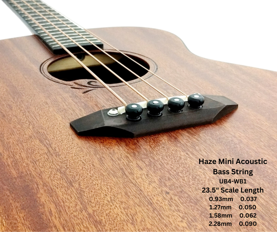 Haze Guitar Australia UB4-WB1 mini acoustic bass strings with phosphor bronze wrap on a wooden bass guitar bridge