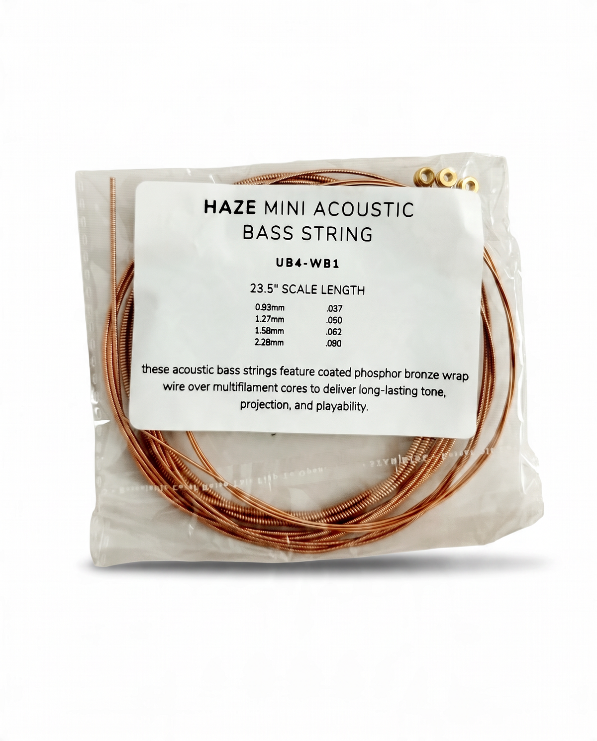Haze Guitar Australia UB4-WB1 mini acoustic bass strings with phosphor bronze wrap in clear plastic packaging