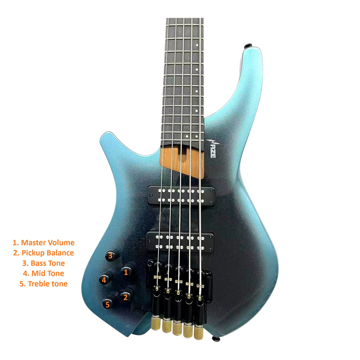 Haze HB5 “Nightwave” Left-Handed Headless 5-String Electric Bass – Active BJ-80 Pickups – Metallic Blueburst – HB5BLLH