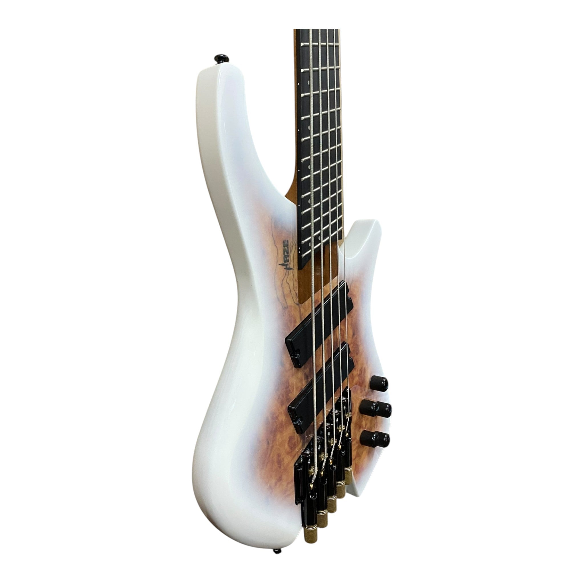 Haze HB5FFMS Voyager Series Headless Fanned Fret 5-String Electric Bass – Roasted Maple Neck, White Sunburst Finish, & Active BJ-80 Pickups