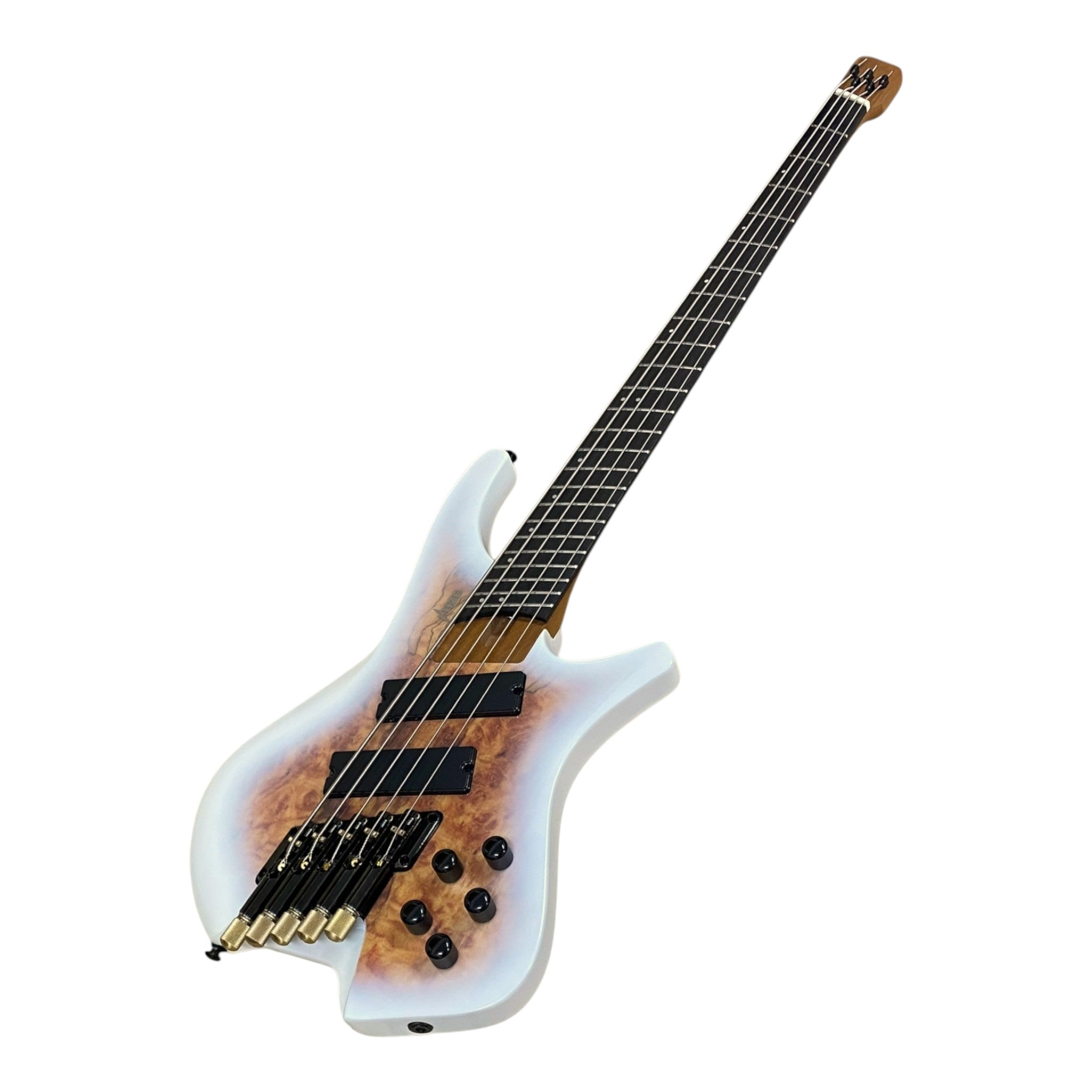 Haze HB5FFMS Voyager Series Headless Fanned Fret 5-String Electric Bass – Roasted Maple Neck, White Sunburst Finish, & Active BJ-80 Pickups