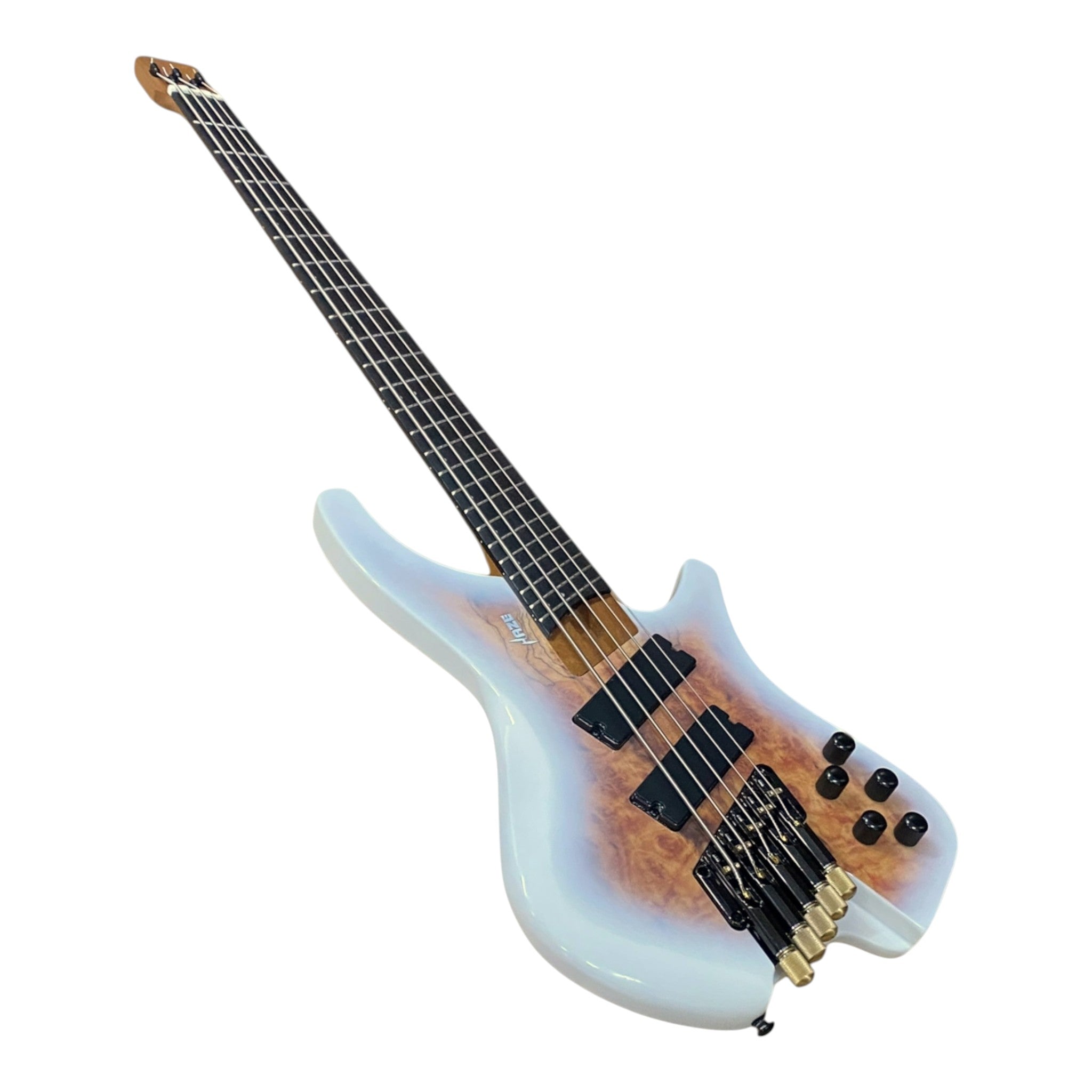 Haze HB5FFMS Voyager Series Headless Fanned Fret 5-String Electric Bass – Roasted Maple Neck, White Sunburst Finish, & Active BJ-80 Pickups