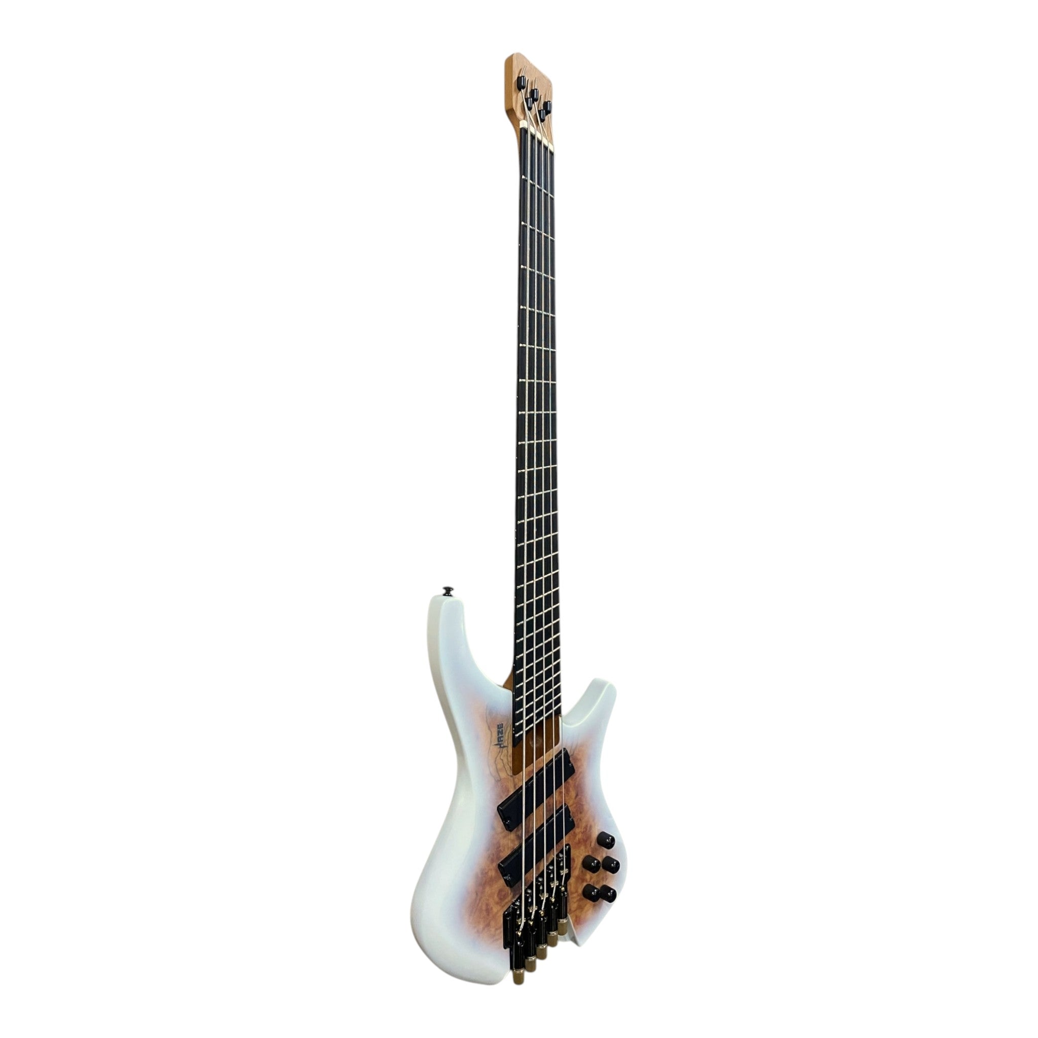 Haze HB5FFMS Voyager Series Headless Fanned Fret 5-String Electric Bass – Roasted Maple Neck, White Sunburst Finish, & Active BJ-80 Pickups