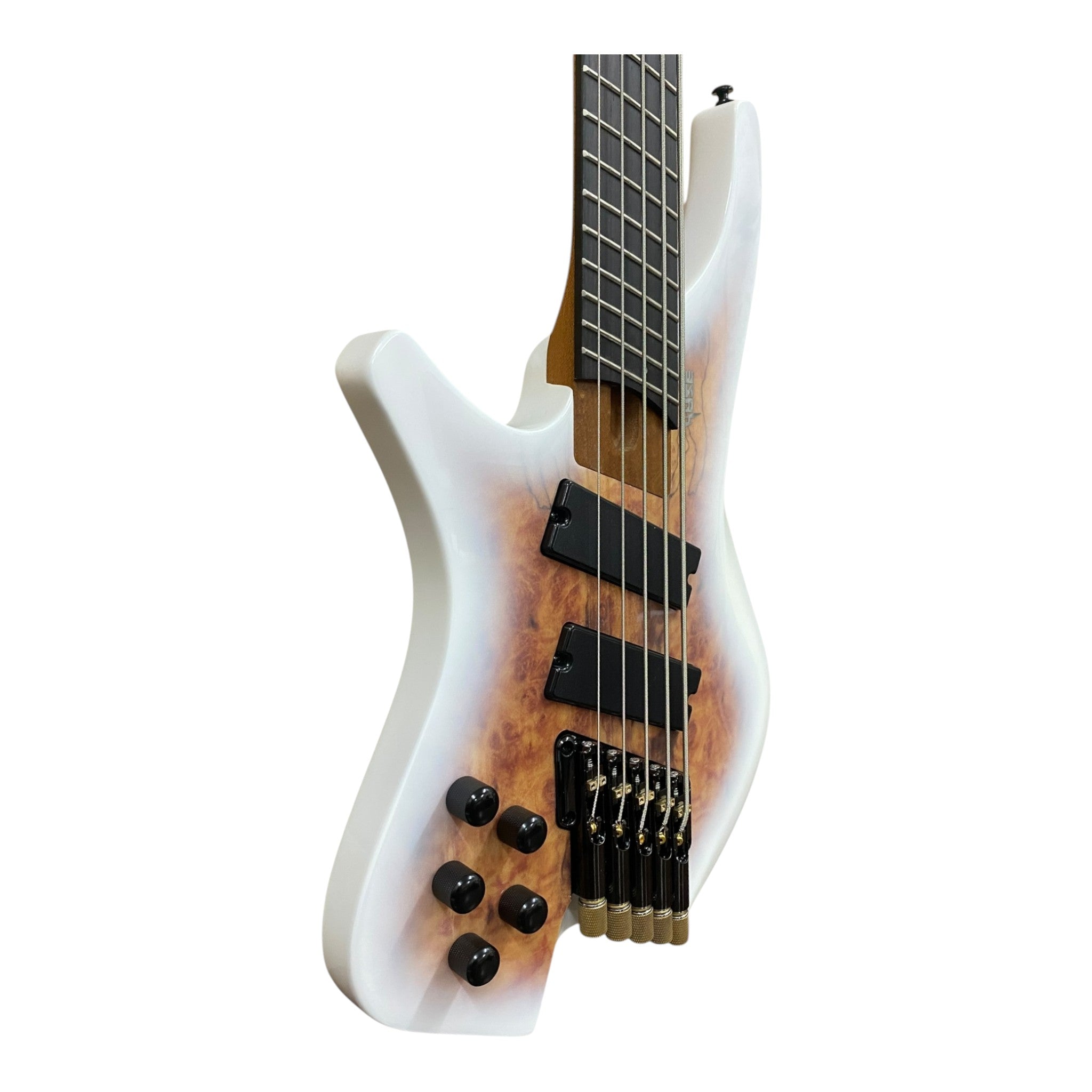 Pre-Order – ETA Late October 2026 | Haze HB5FFMSLH Voyager Series Left-Handed Headless Fanned-Fret 5-String Electric Bass – Roasted Maple Neck, White Sunburst, Active BJ-80 Pickups