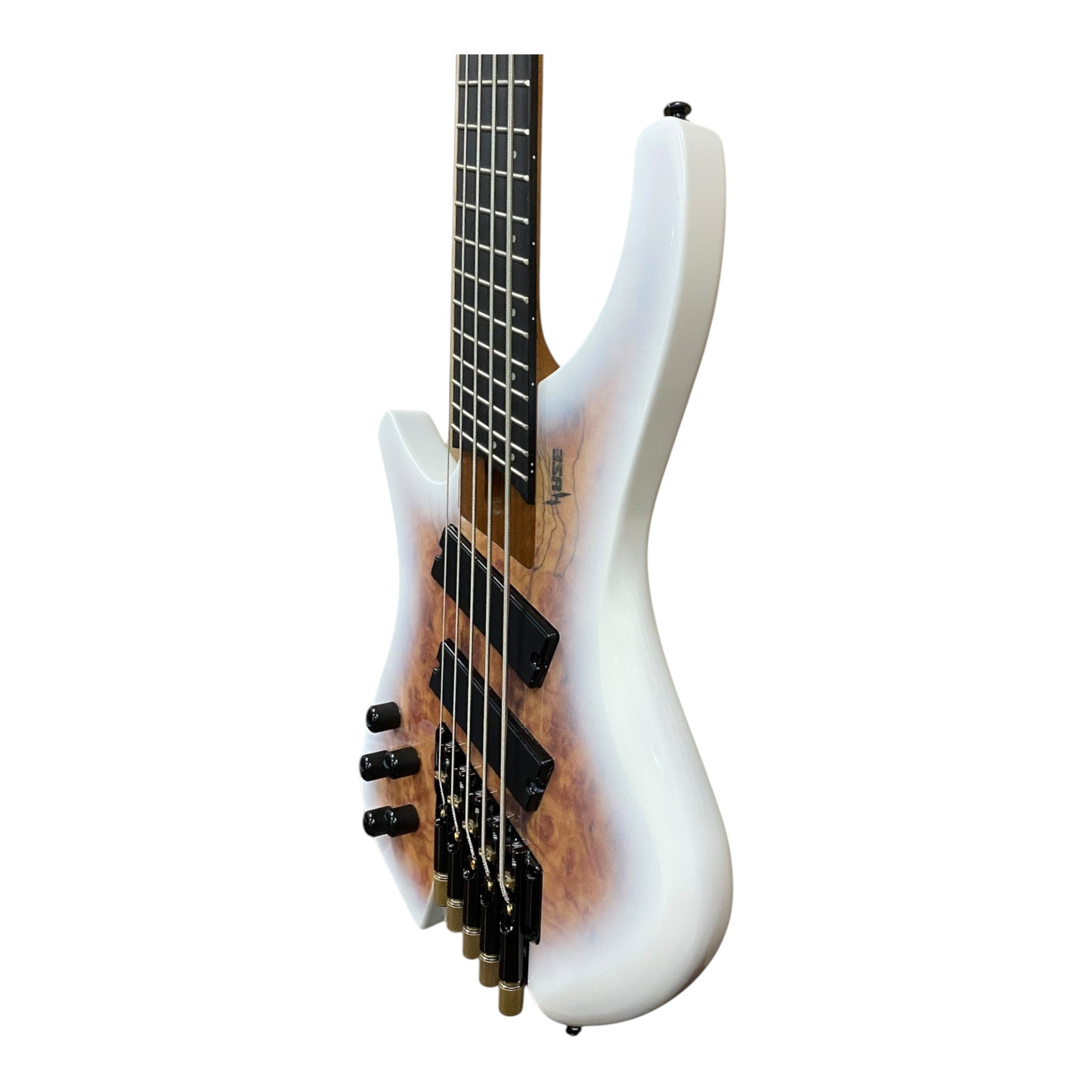 Pre-Order – ETA Late October 2026 | Haze HB5FFMSLH Voyager Series Left-Handed Headless Fanned-Fret 5-String Electric Bass – Roasted Maple Neck, White Sunburst, Active BJ-80 Pickups
