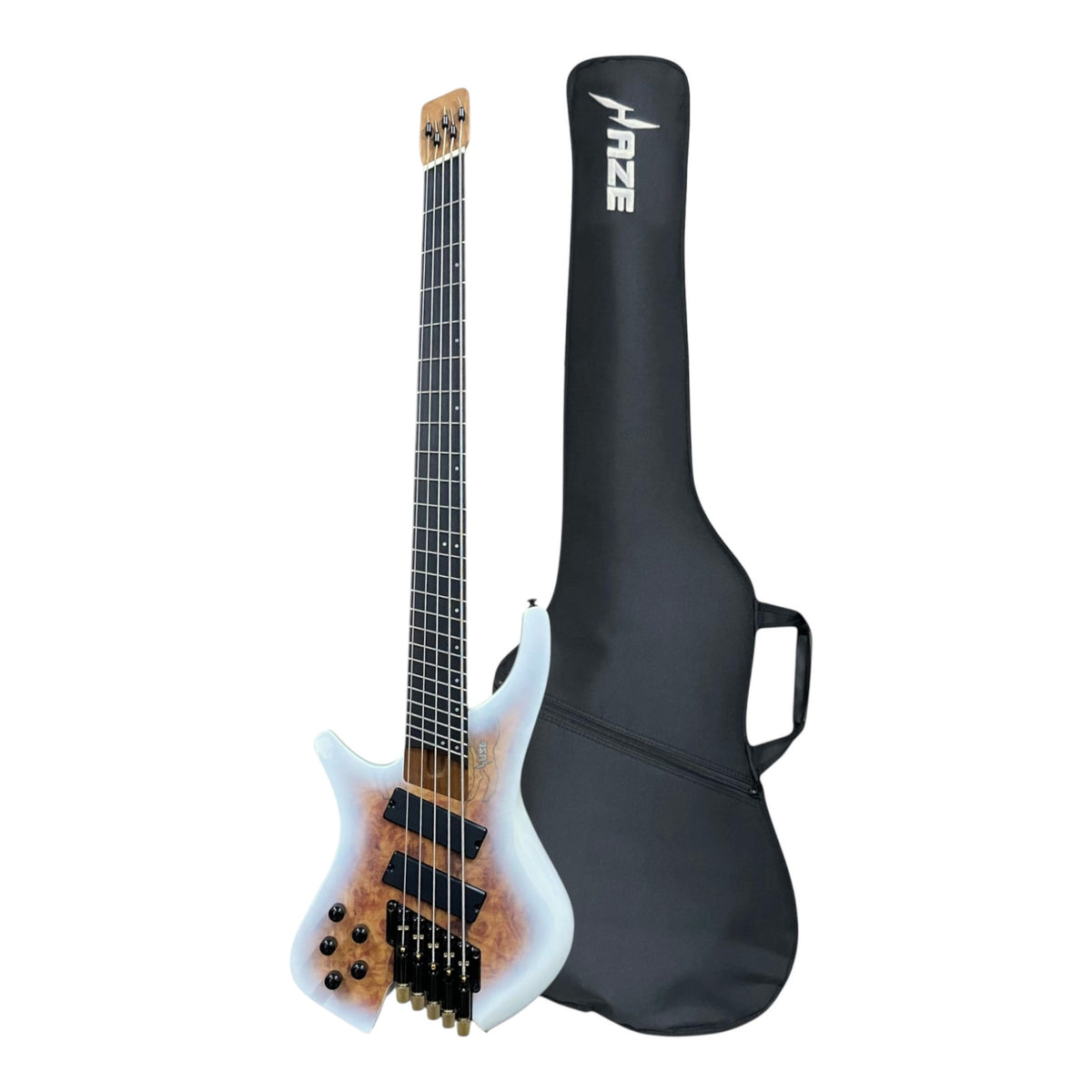 Pre-Order – ETA Late October 2026 | Haze HB5FFMSLH Voyager Series Left-Handed Headless Fanned-Fret 5-String Electric Bass – Roasted Maple Neck, White Sunburst, Active BJ-80 Pickups