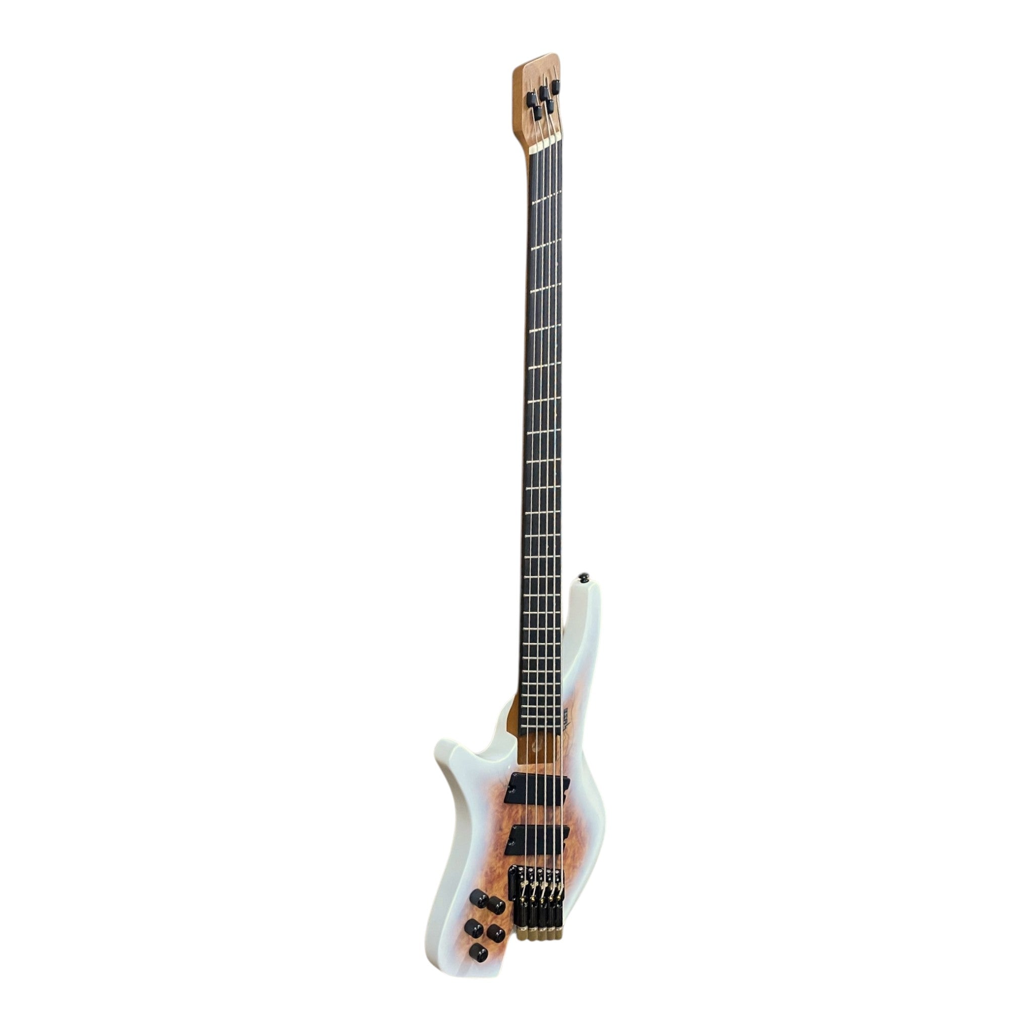 Pre-Order – ETA Late October 2026 | Haze HB5FFMSLH Voyager Series Left-Handed Headless Fanned-Fret 5-String Electric Bass – Roasted Maple Neck, White Sunburst, Active BJ-80 Pickups