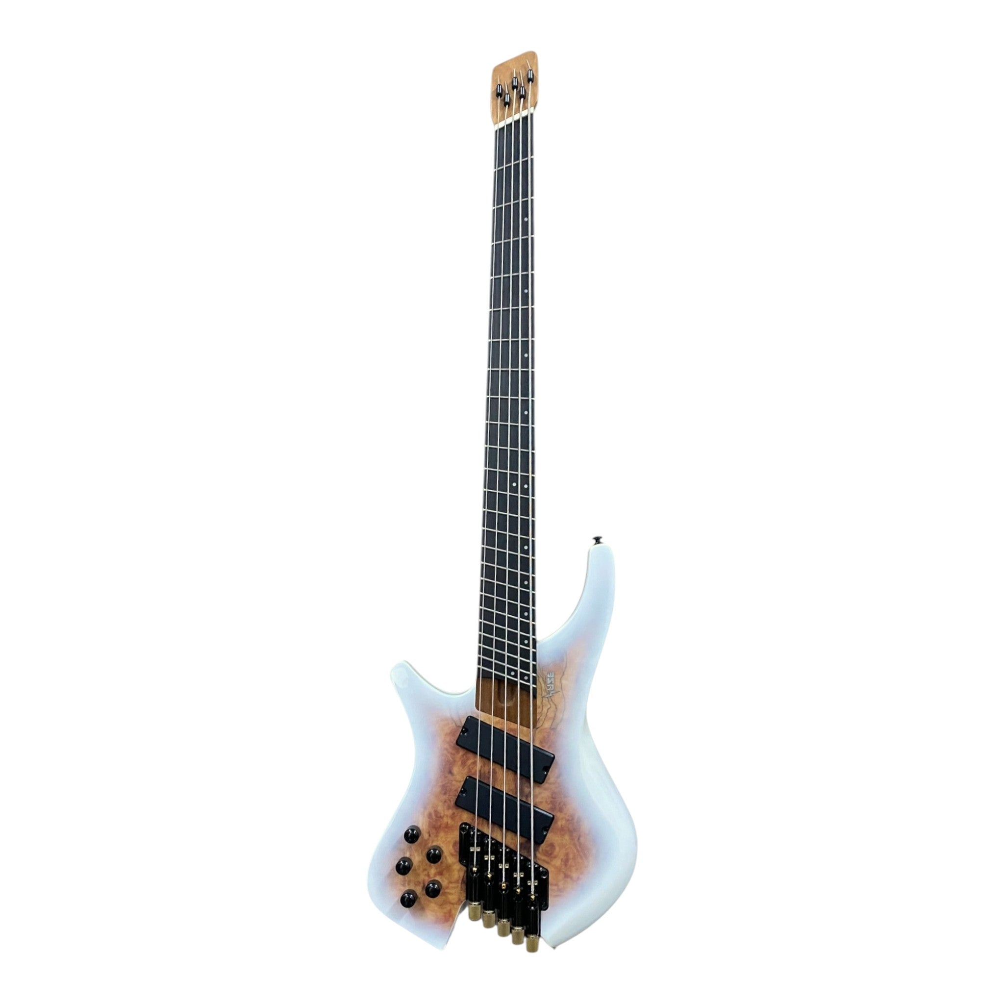 Pre-Order – ETA Late October 2026 | Haze HB5FFMSLH Voyager Series Left-Handed Headless Fanned-Fret 5-String Electric Bass – Roasted Maple Neck, White Sunburst, Active BJ-80 Pickups