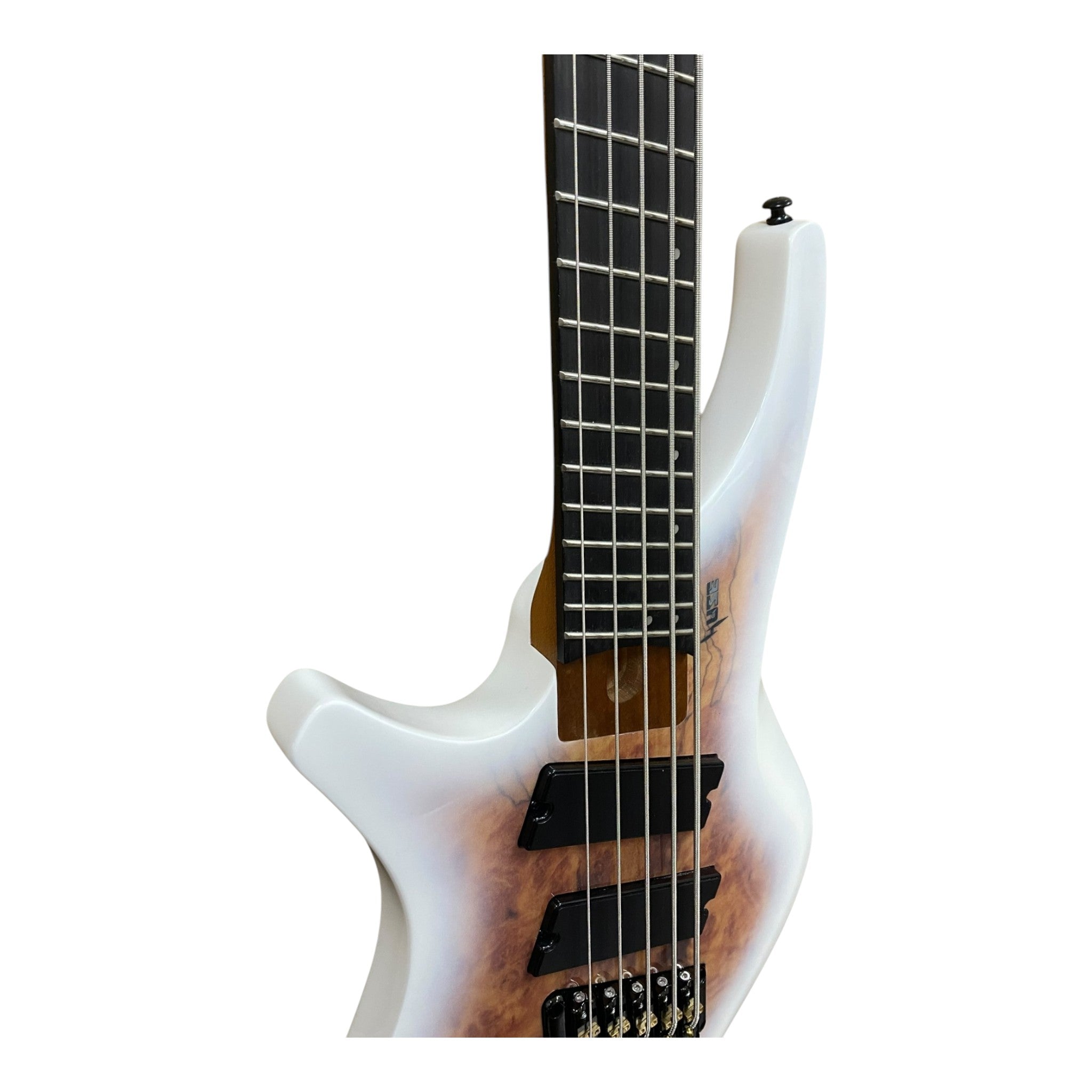 Pre-Order – ETA Late October 2026 | Haze HB5FFMSLH Voyager Series Left-Handed Headless Fanned-Fret 5-String Electric Bass – Roasted Maple Neck, White Sunburst, Active BJ-80 Pickups