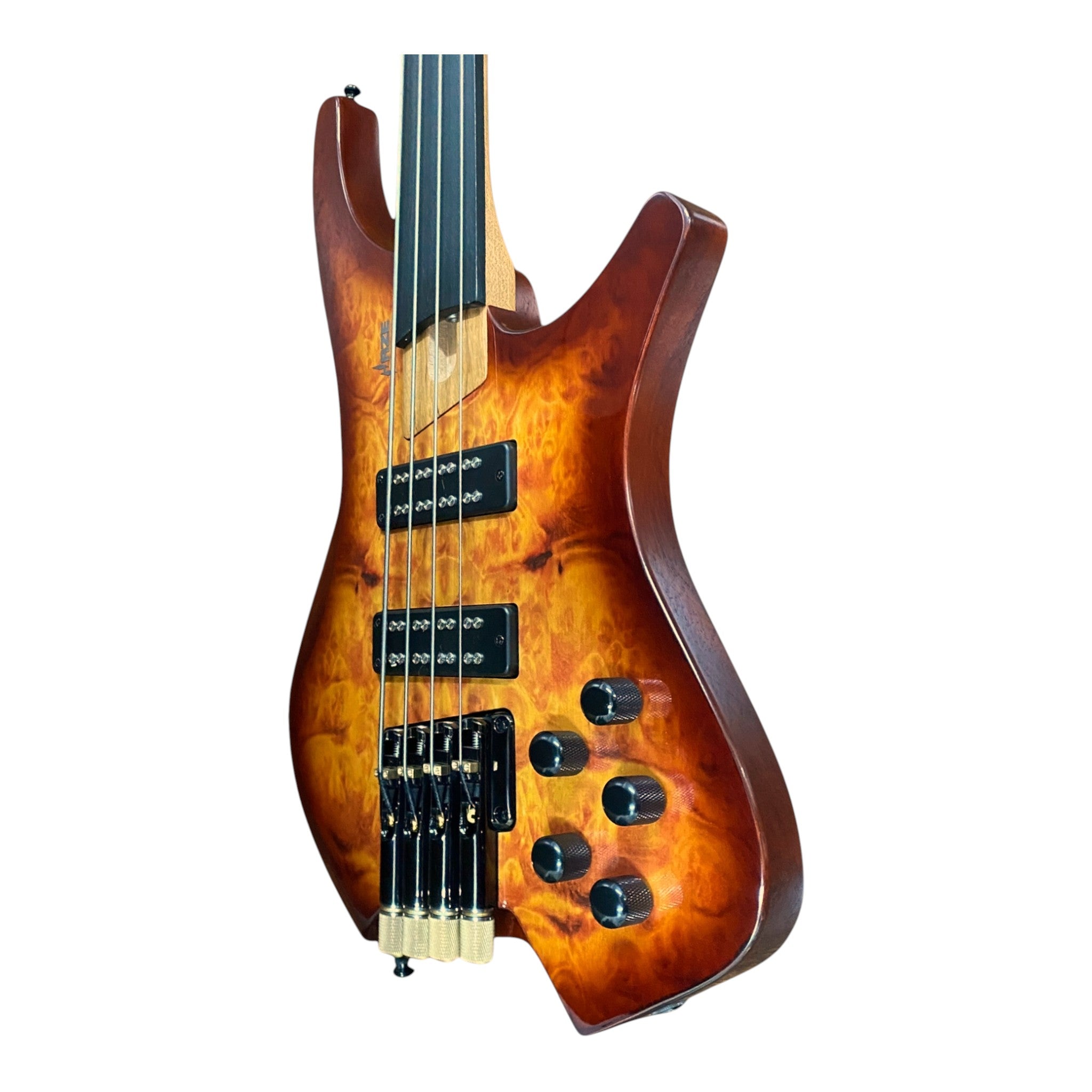 Haze HHLB4 Voyager Series Headless Fretless Electric Bass – Roasted Maple Neck, Brown Sunburst Finish, & Active BJ-80 Pickups