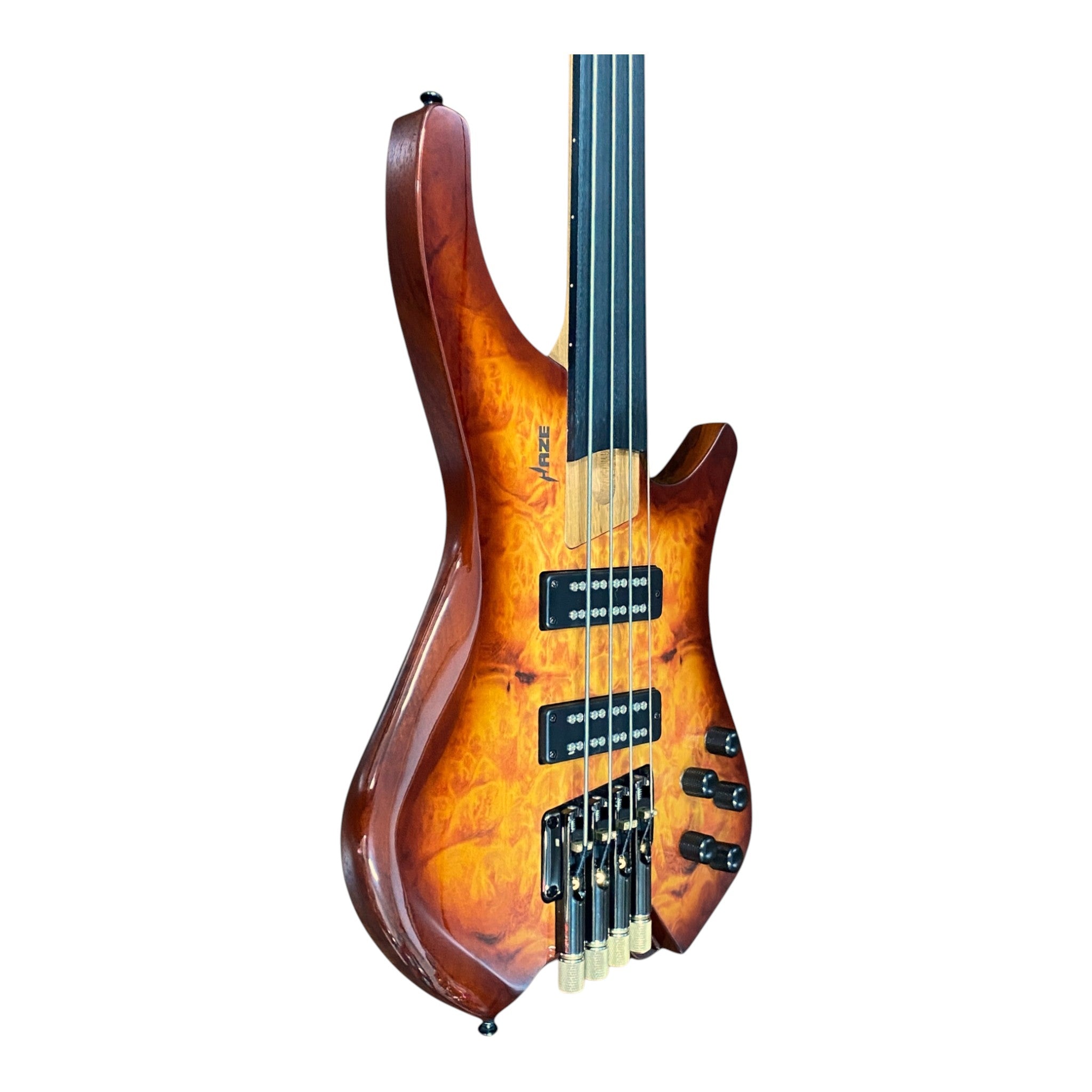 Haze HHLB4 Voyager Series Headless Fretless Electric Bass – Roasted Maple Neck, Brown Sunburst Finish, & Active BJ-80 Pickups