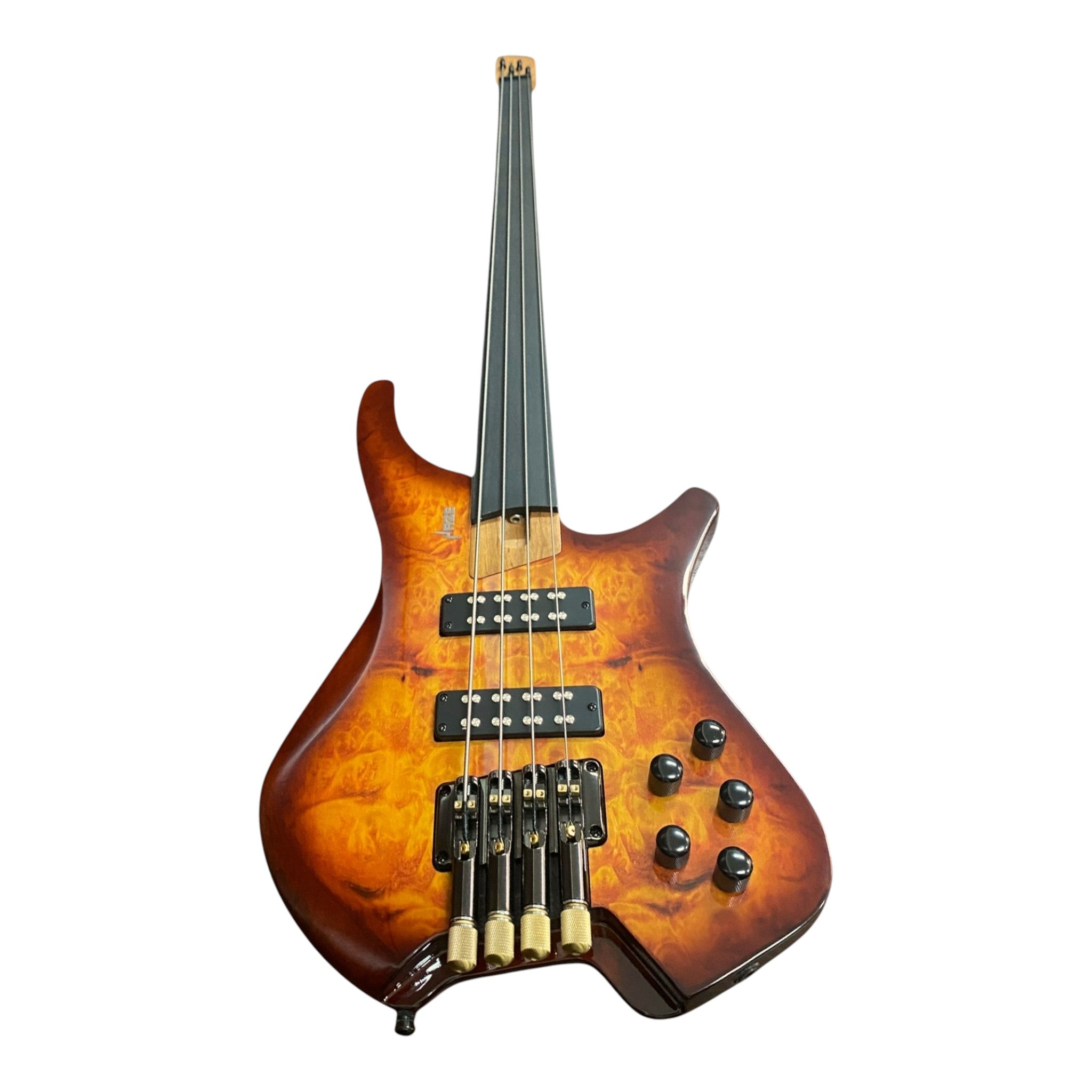 Haze HHLB4 Voyager Series Headless Fretless Electric Bass – Roasted Maple Neck, Brown Sunburst Finish, & Active BJ-80 Pickups