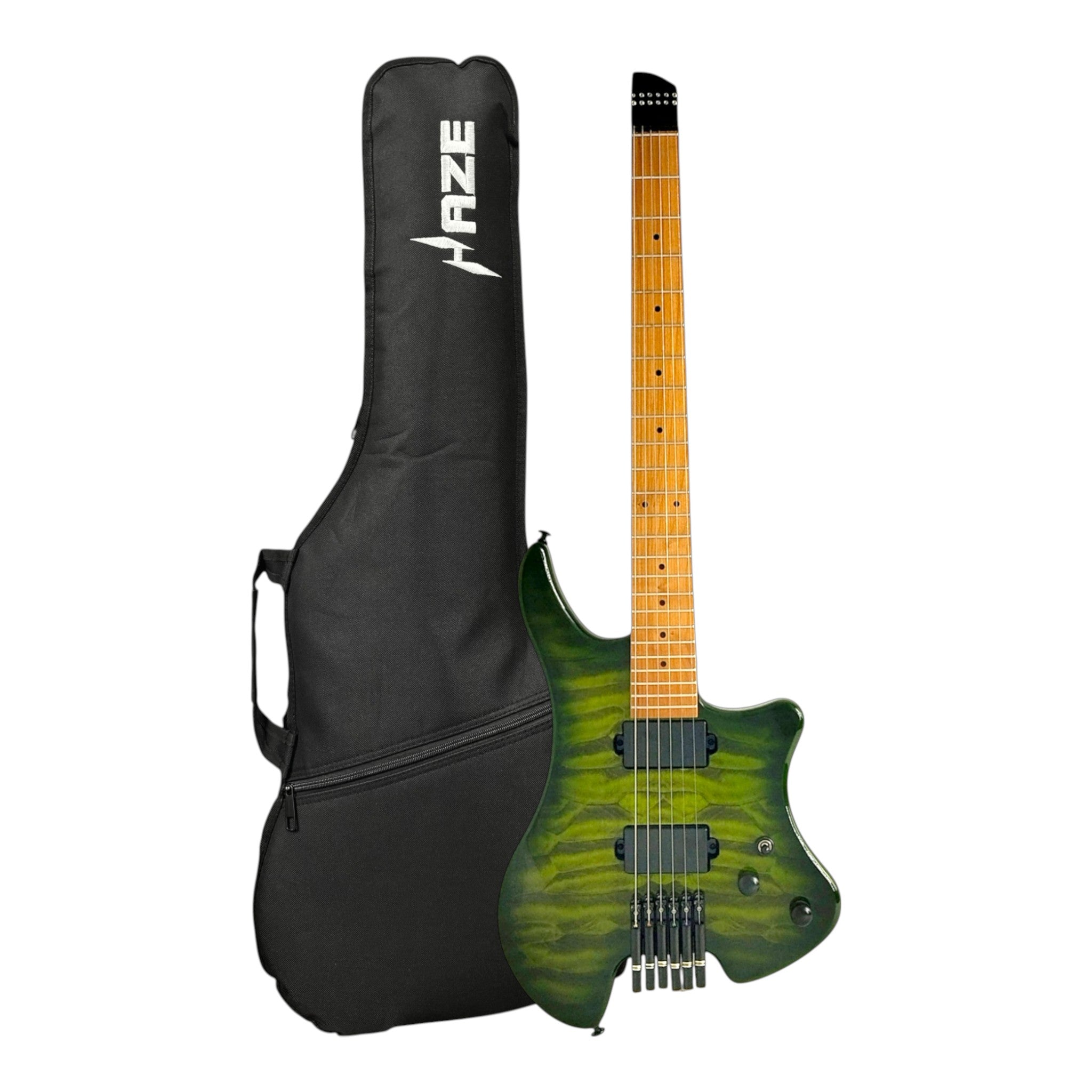 Haze HL1A Headless HH Electric Guitar, Flamed Green Gloss, Dual