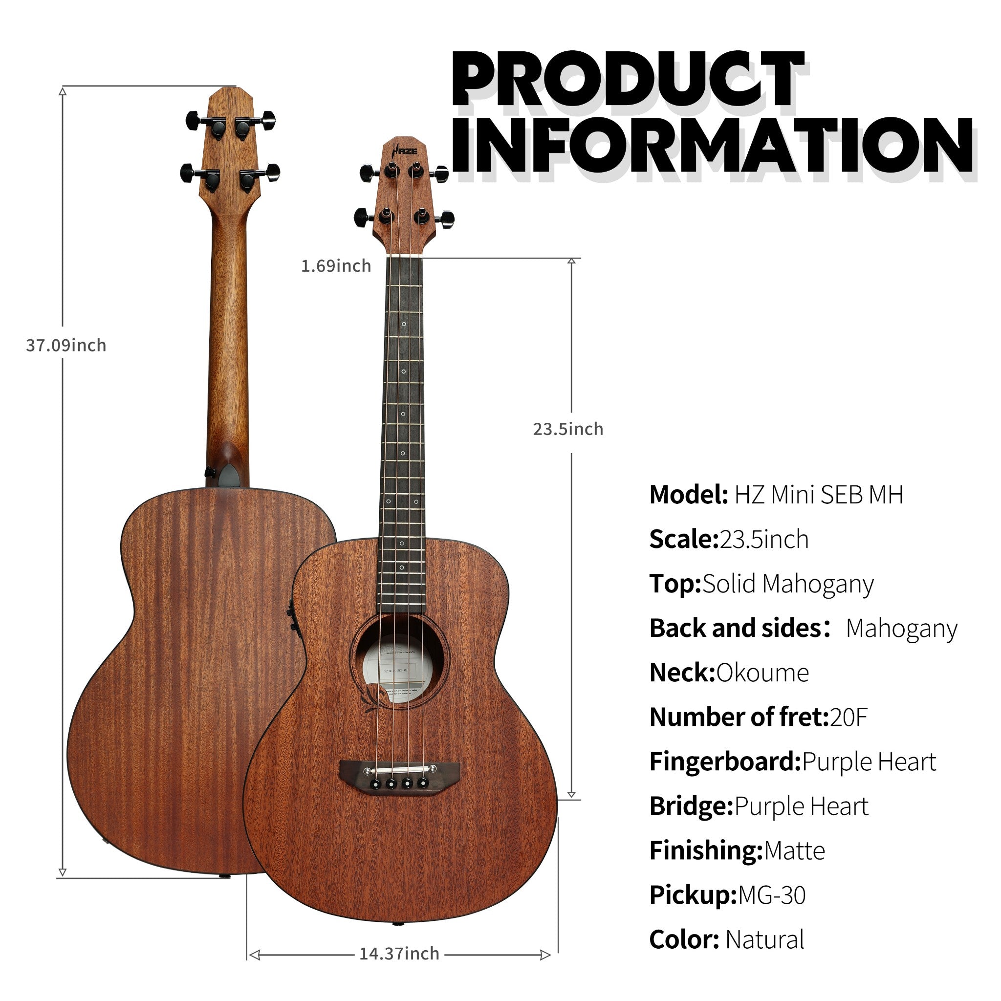 Haze 37" Solid Mahogany Top Height Adjustable Saddle Acoustic Bass Guitar - Natural HZMINISEBMH