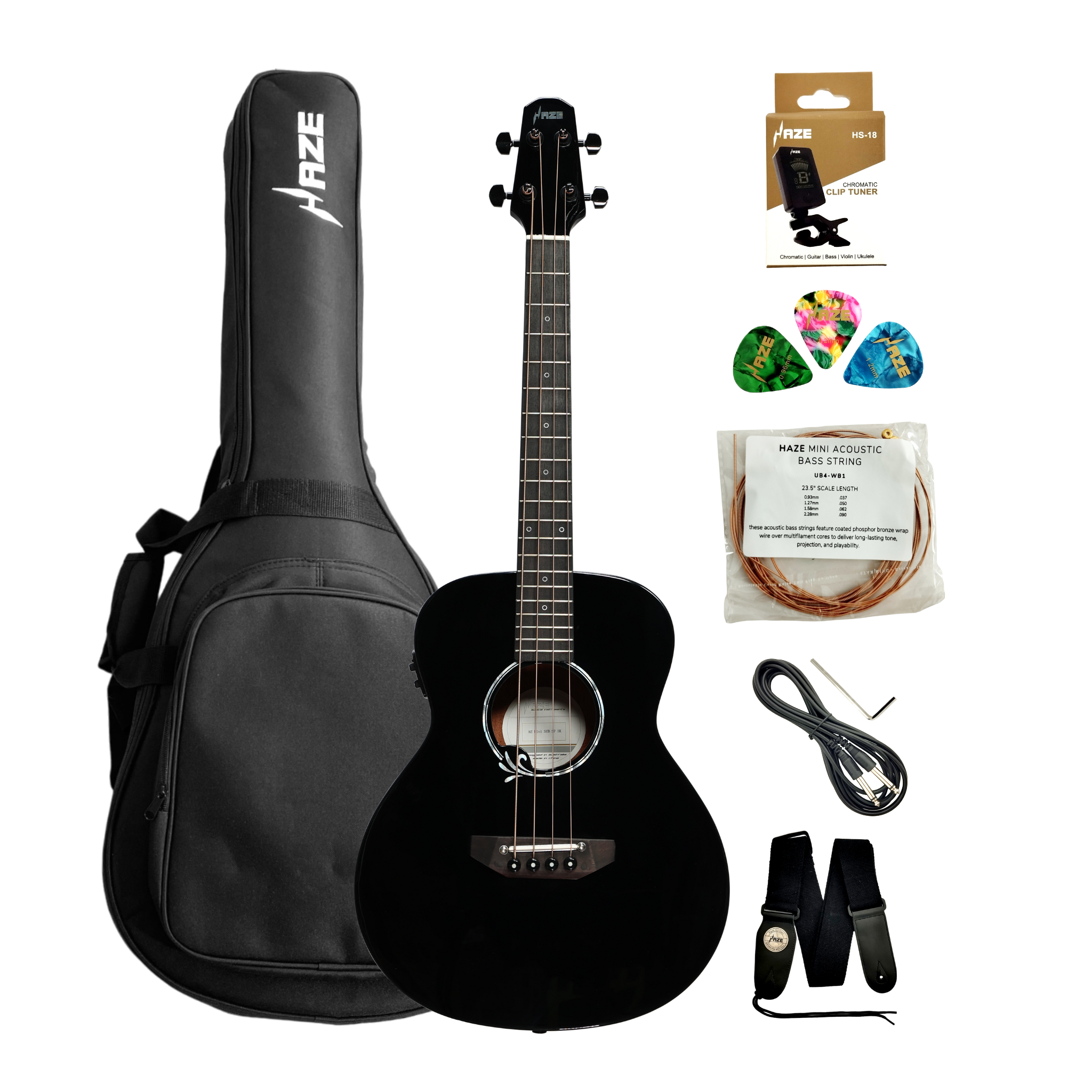 Haze 37" Solid Sitka Top Height Adjustable Saddle Acoustic Bass Guitar - Black HZMINISEBSPBK