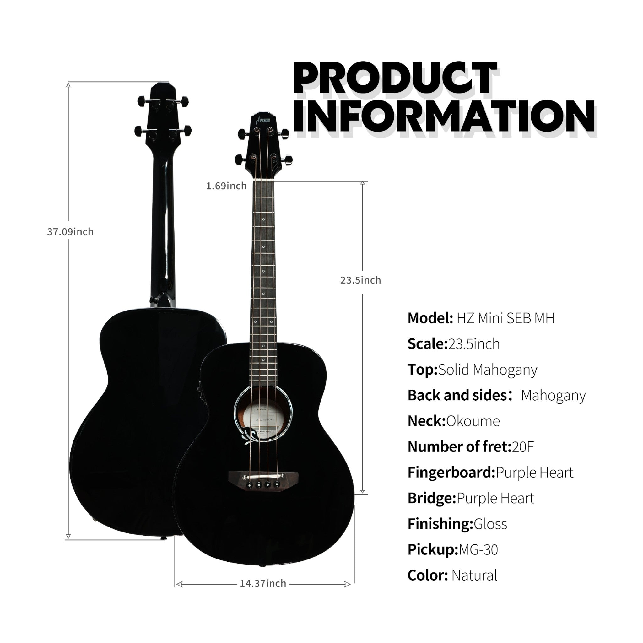 Haze 37" Solid Sitka Top Height Adjustable Saddle Acoustic Bass Guitar - Black HZMINISEBSPBK