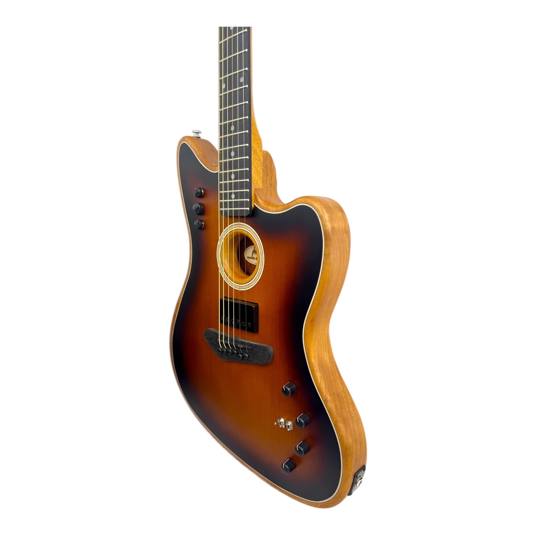 Haze JMACOUSTASONIC “SoundLab” Okoume Hollow-Body Hybrid HJM Electric-Acoustic Guitar in Matte Sunburst