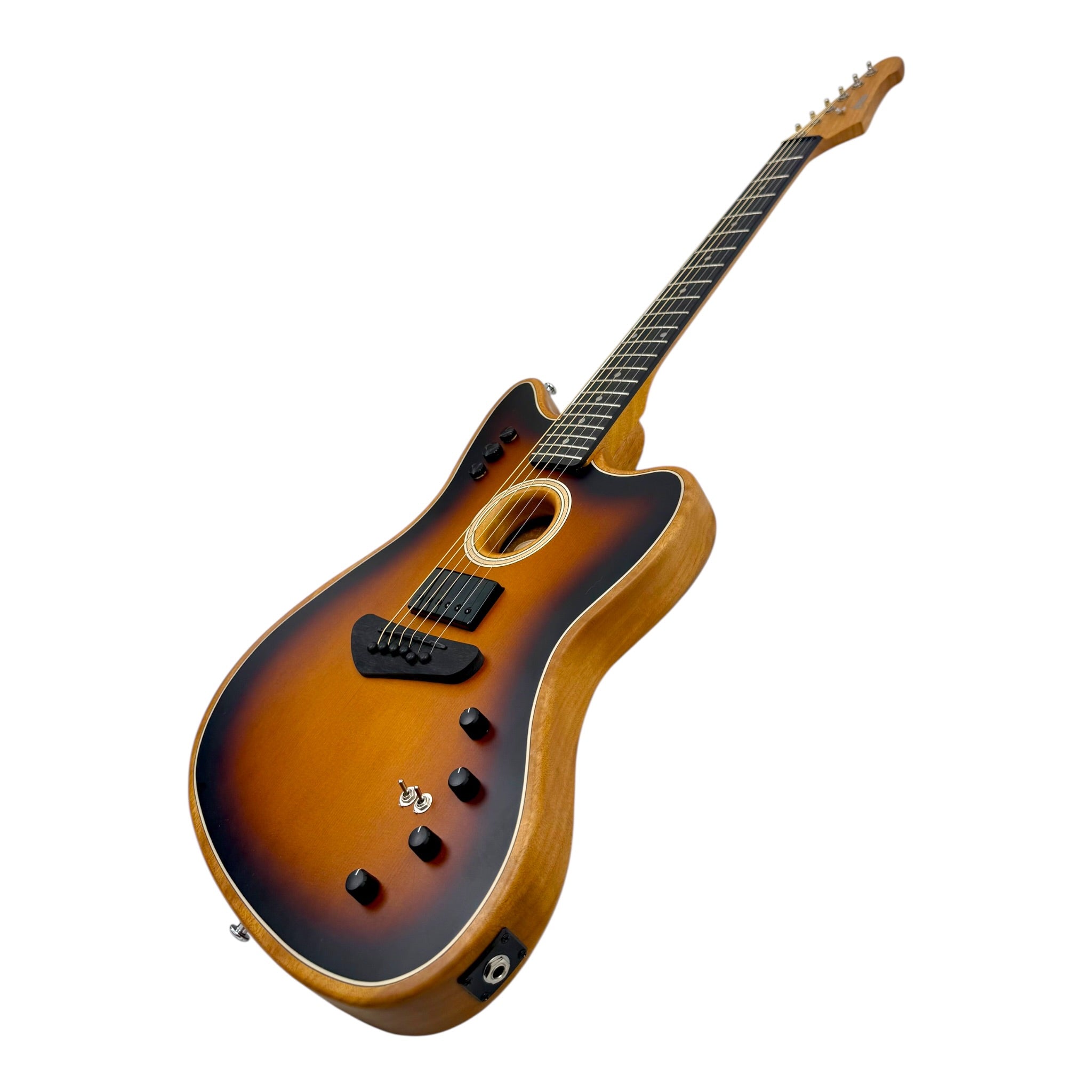 Haze JMACOUSTASONIC “SoundLab” Okoume Hollow-Body Hybrid HJM Electric-Acoustic Guitar in Matte Sunburst