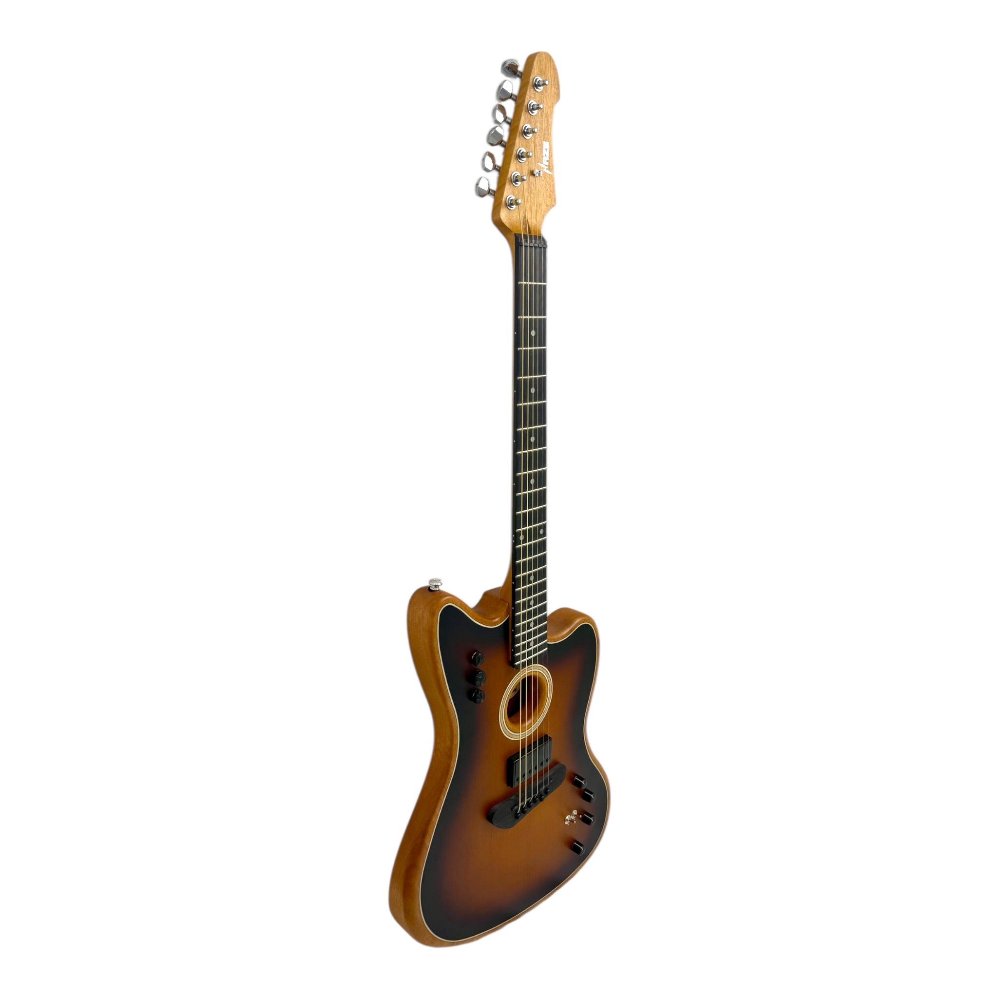 Haze JMACOUSTASONIC “SoundLab” Okoume Hollow-Body Hybrid HJM Electric-Acoustic Guitar in Matte Sunburst