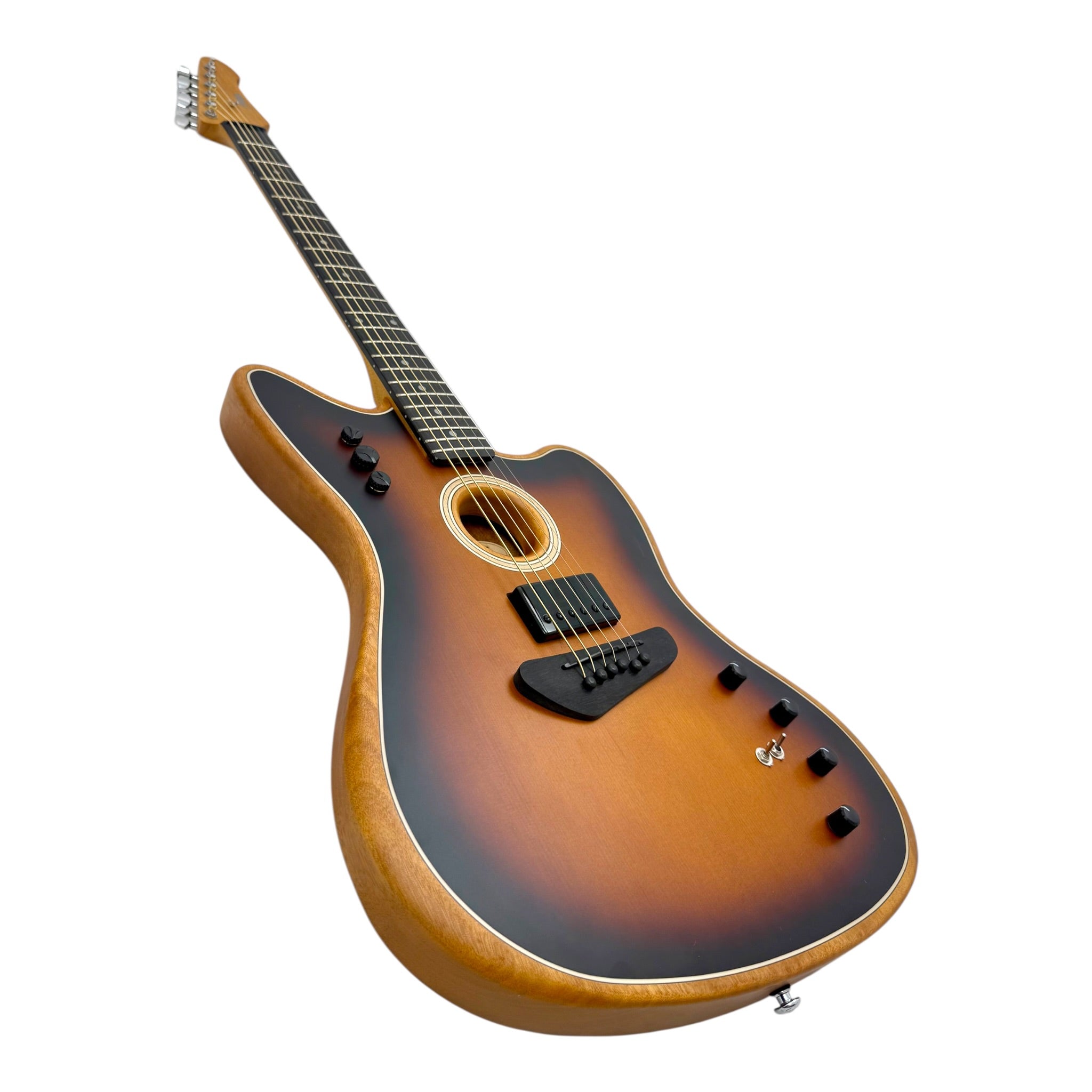 Haze JMACOUSTASONIC “SoundLab” Okoume Hollow-Body Hybrid HJM Electric-Acoustic Guitar in Matte Sunburst