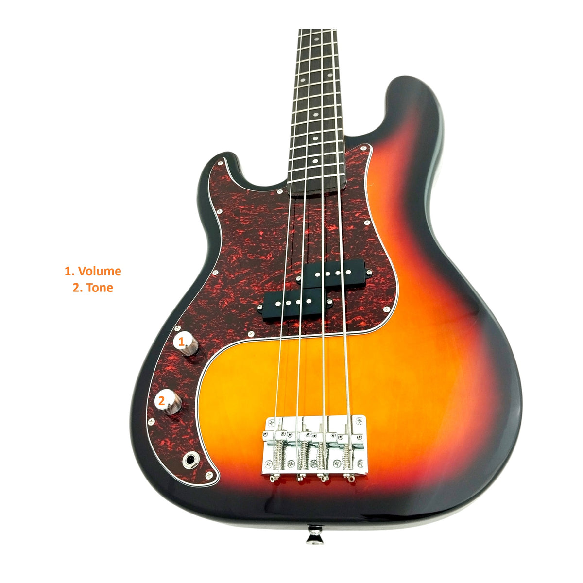 Haze Left Handed Basswood Sunburst Electric Bass Guitar - PB172BSLH with Optional Headphone Amp and Accessories