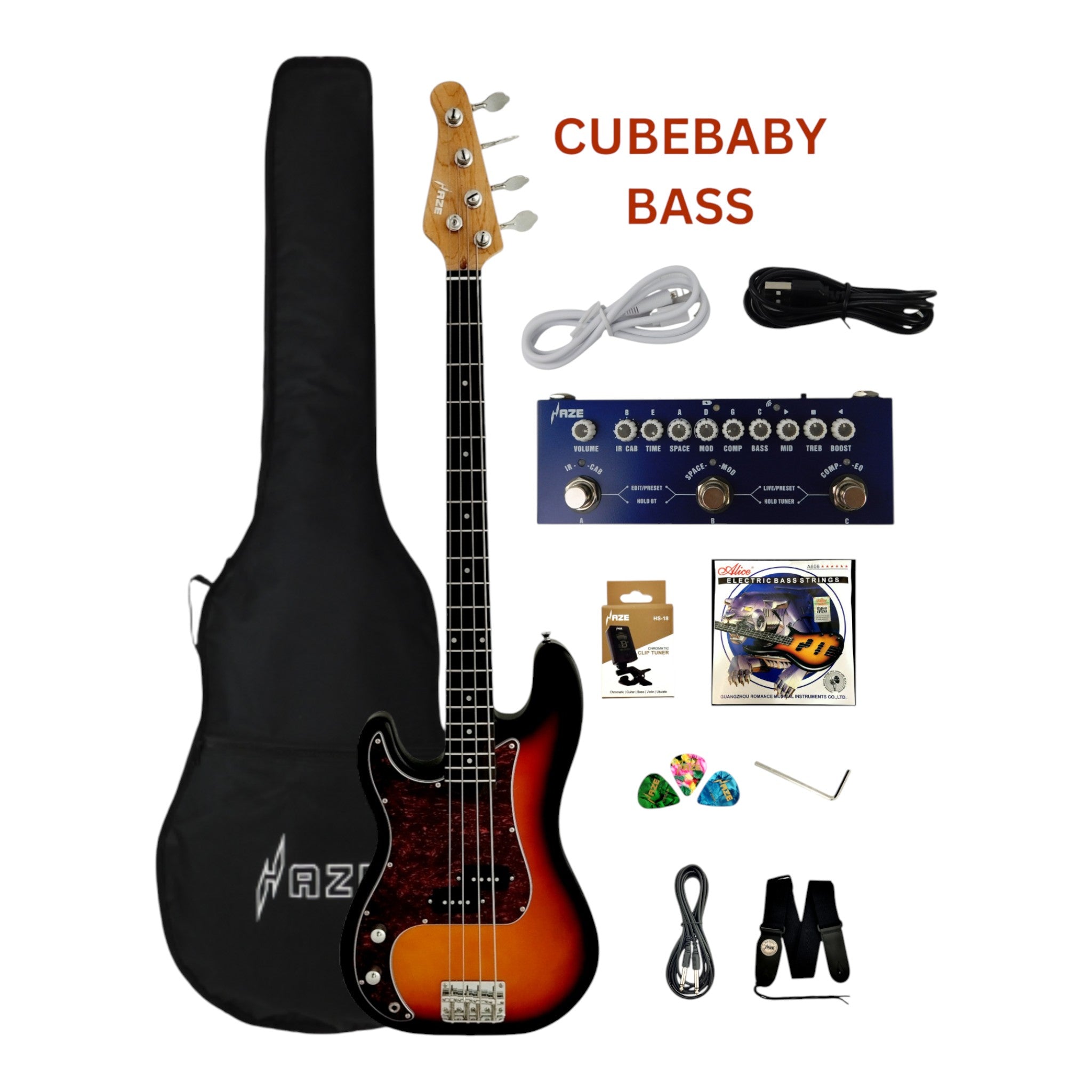 Haze Left Handed Basswood Sunburst Electric Bass Guitar - PB172BSLH  with Accessories and Haze CUBEBABY Portable Multifunctional Bass (Optional)