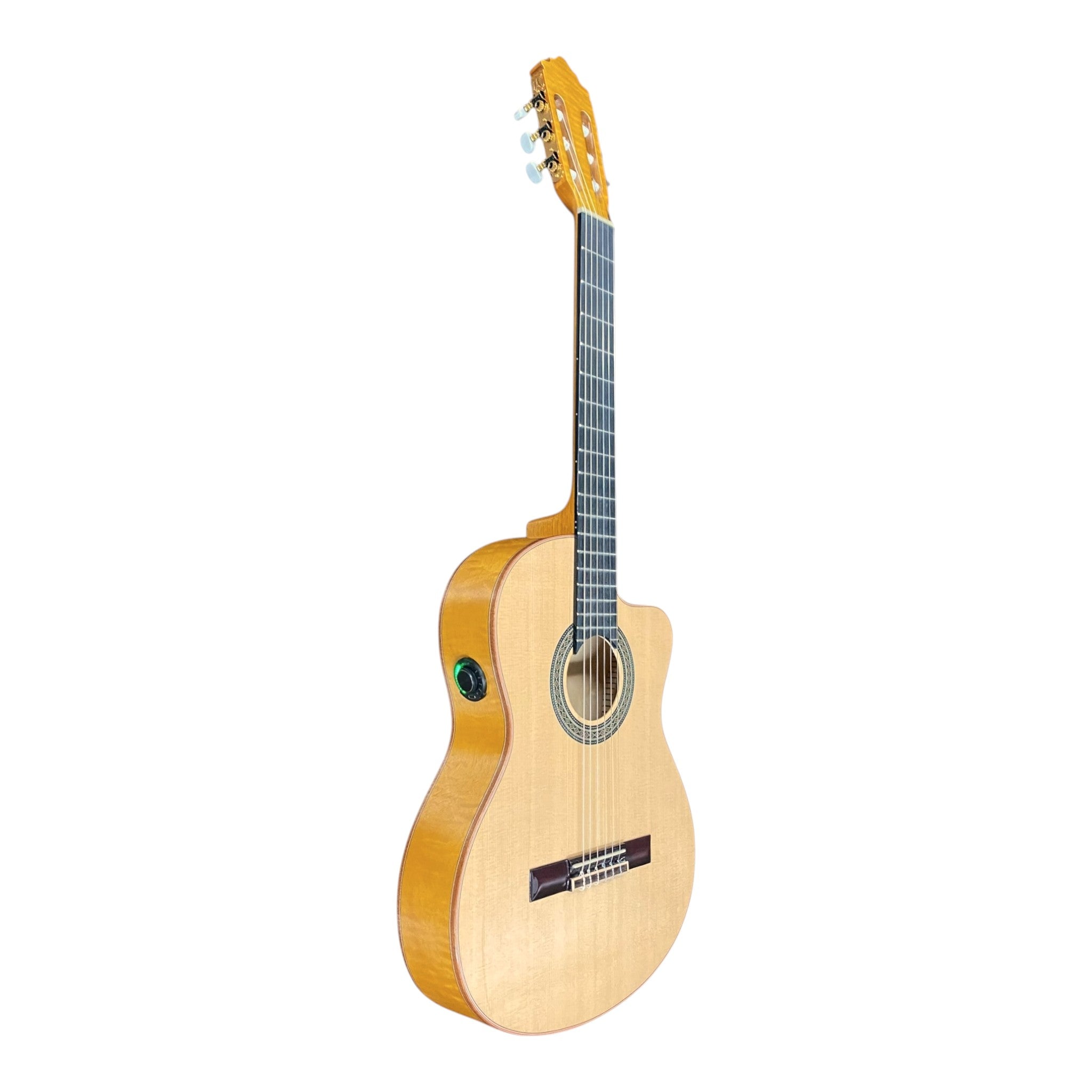 Haze 'LiveTone' Solid Spruce Top Flamed Maple Bowled Back Cutaway Classical Guitar w/ Double OS1 Vibration Pickups - SCG953BCEQN