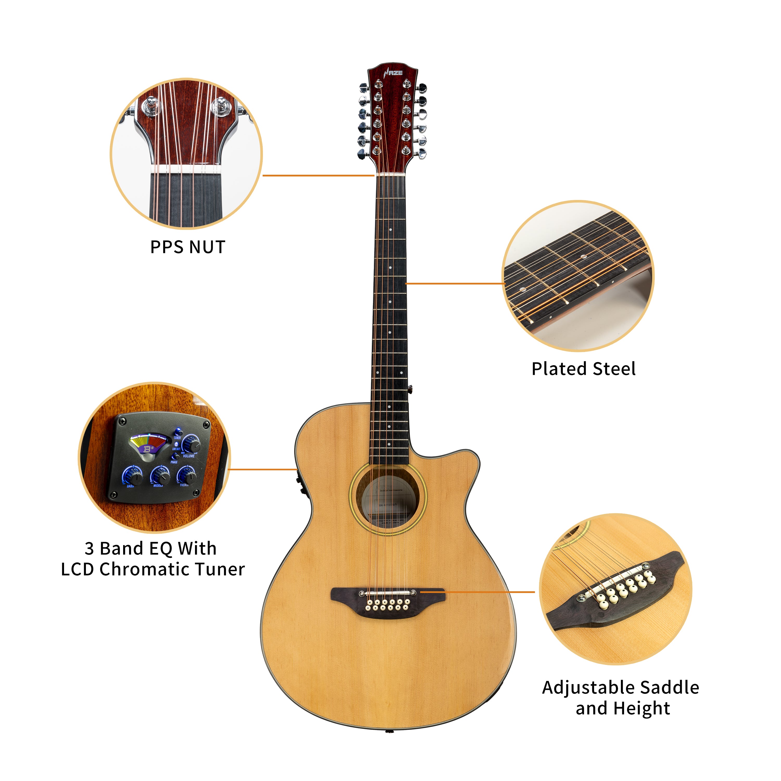 Haze SDG82712CEQSN 12-String Solid Spruce Acoustic-Electric Guitar with Height Adjustable Saddle - Natural