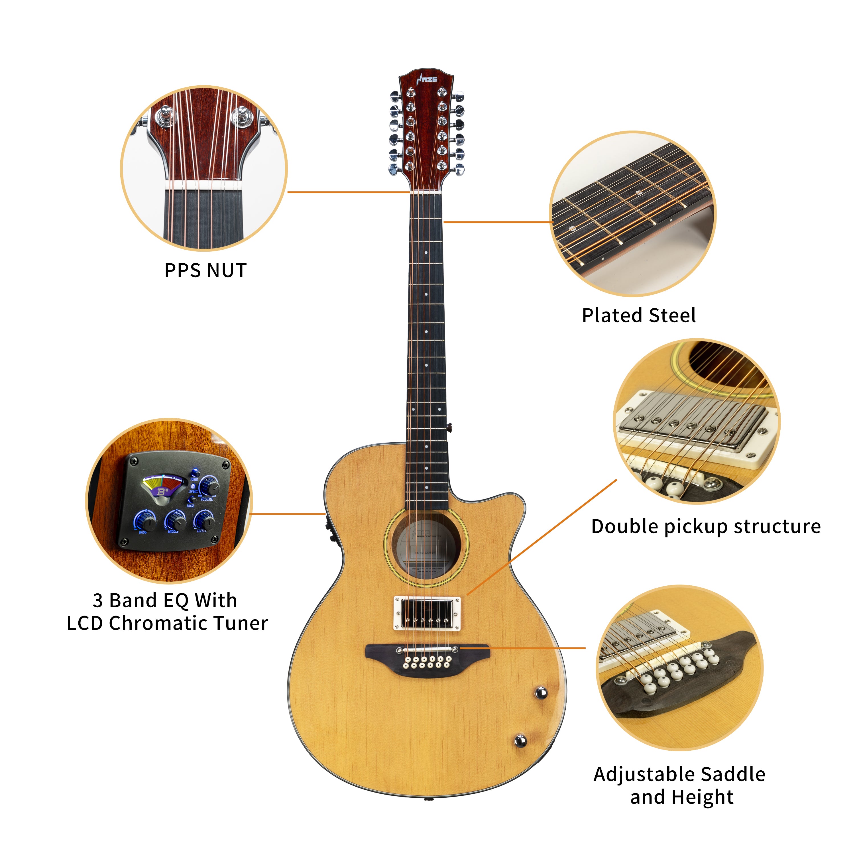 Haze SDG82812CHEQSN Hybrid Acoustic – Electric 12 string Guitars Humbucker Saddle Height Adjustable - Natural