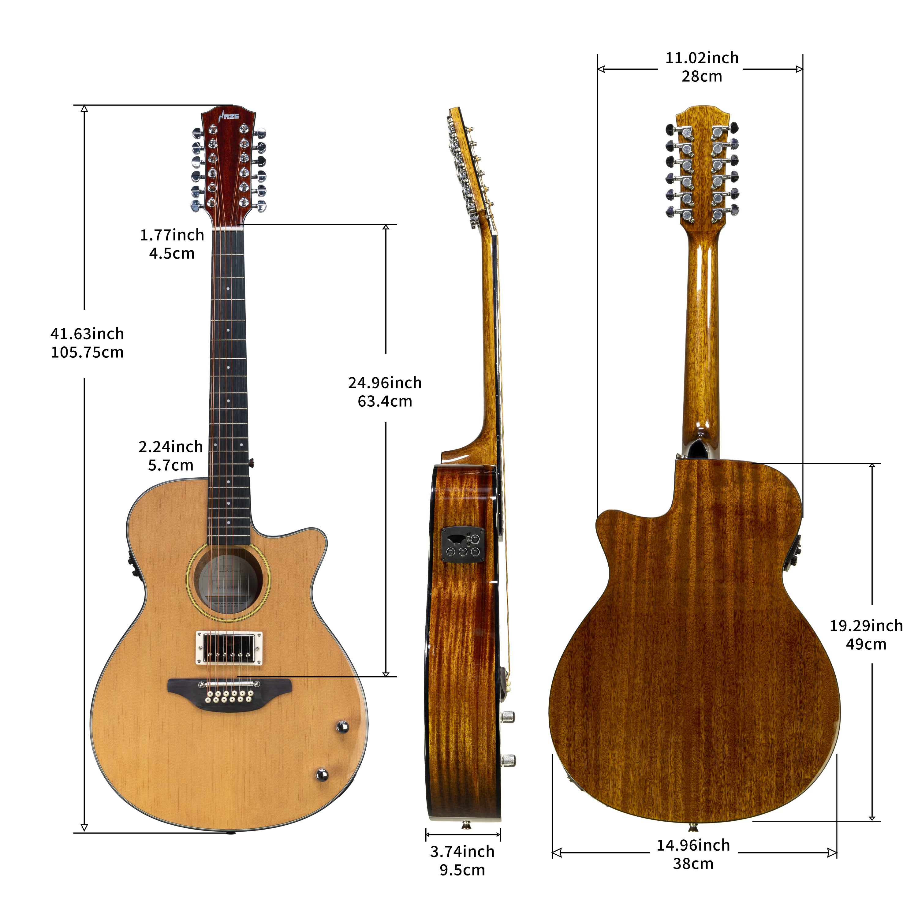 Haze SDG82812CHEQSN Hybrid Acoustic – Electric 12 string Guitars Humbucker Saddle Height Adjustable - Natural