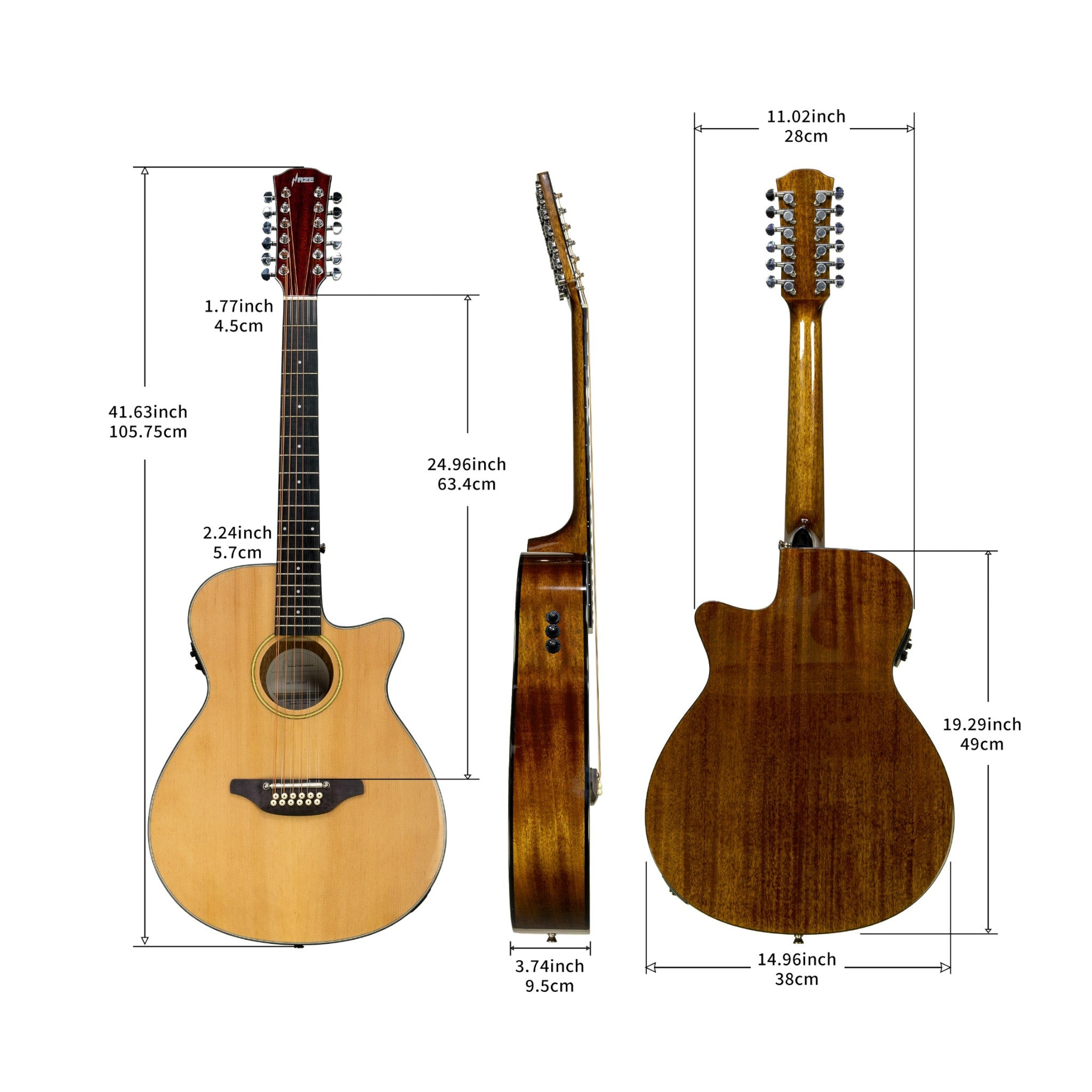 Haze SDG82712CEQSNVBT 12-String Solid Spruce Acoustic-Electric Guitar with Height Adjustable Saddle - Natural