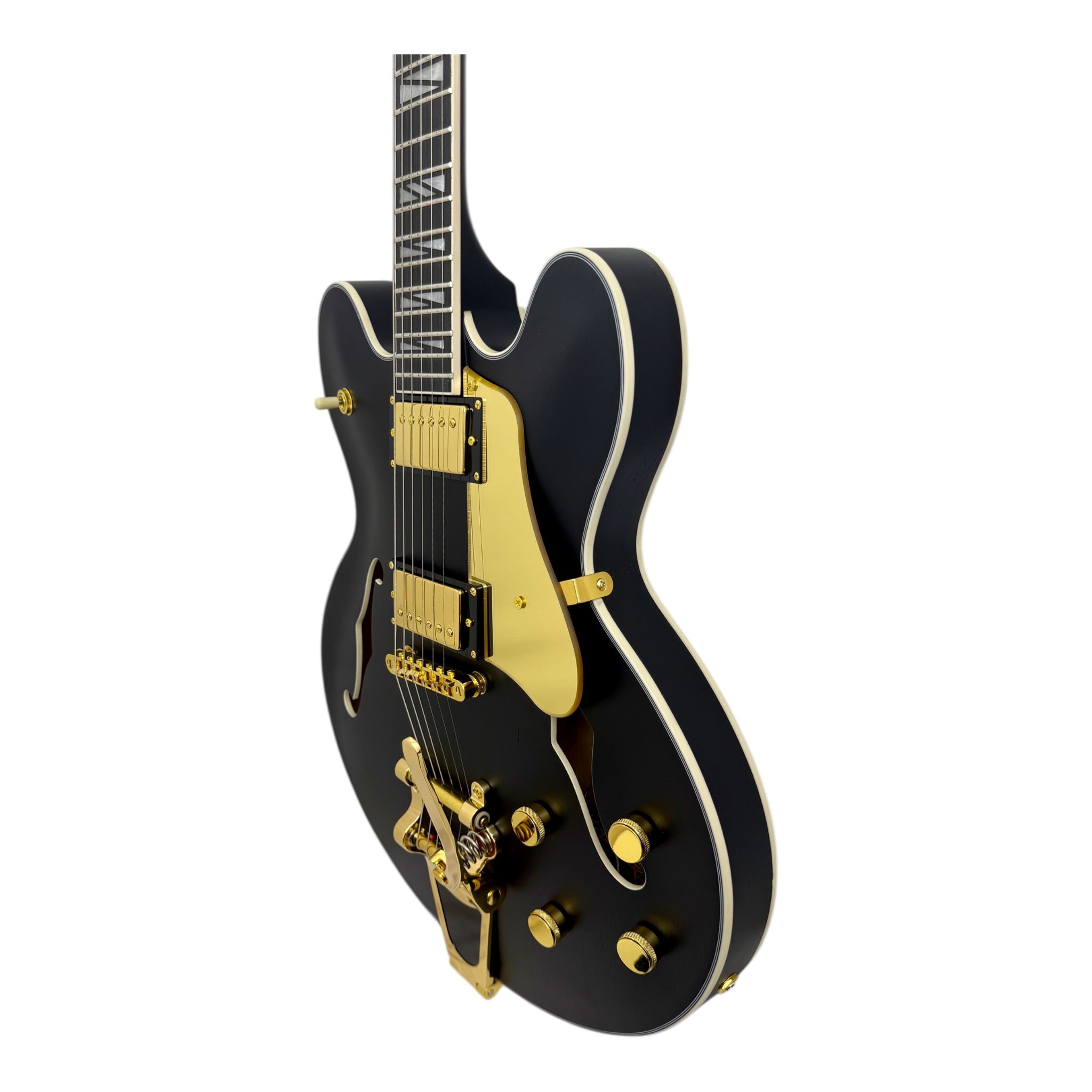 The Haze Nightshade SEG1975BK Maple Semi-Hollow Arched Top HES Electric Guitar in Obsidian Black w/ Vibrato Bar